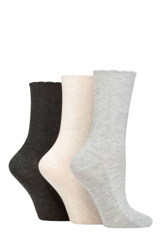Women's 3 Pair Elle Ribbed Bamboo Socks with Scallop Top