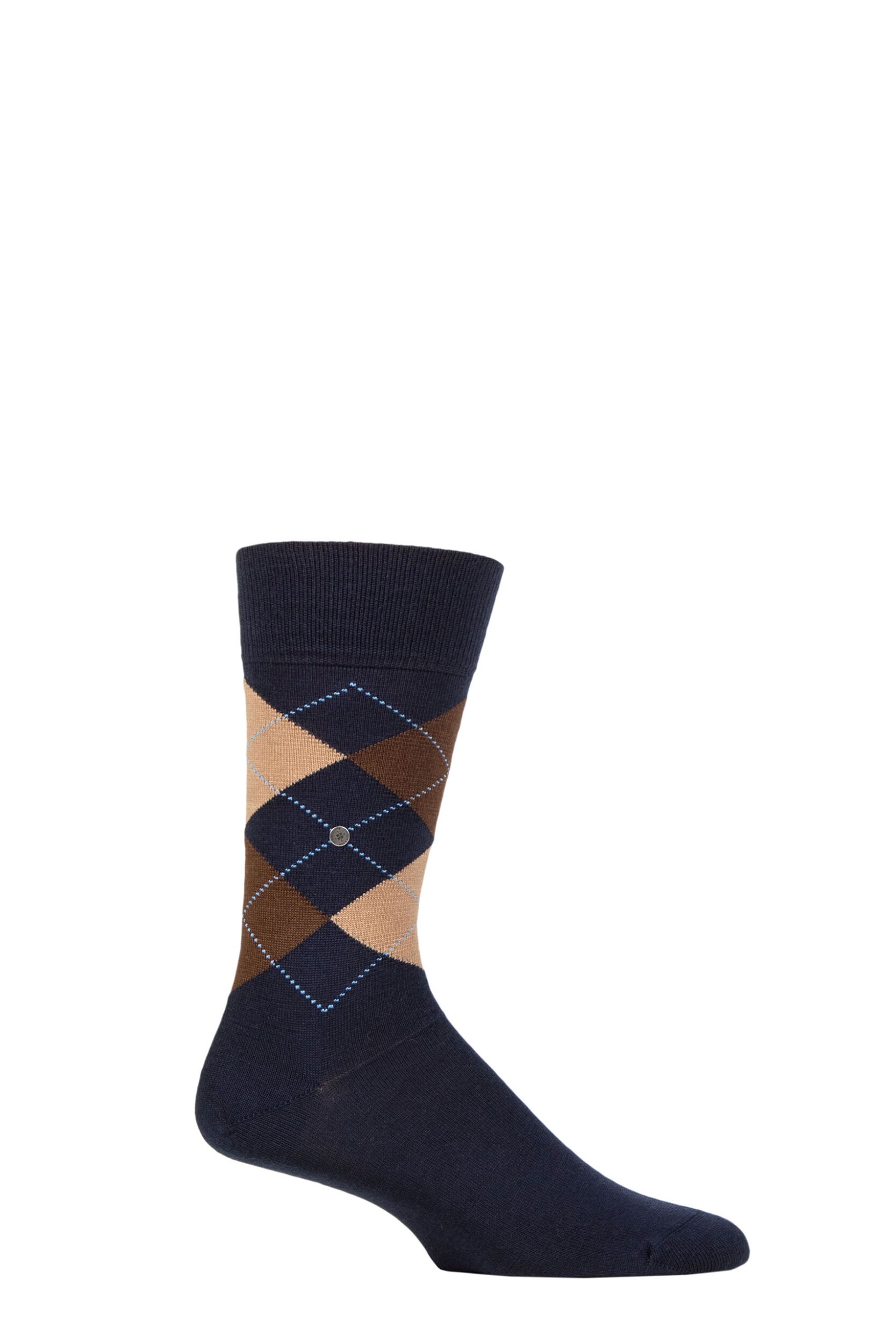 Mens 1 Pair Burlington Edinburgh Virgin Wool Argyle Socks Navy / Browns 11-14