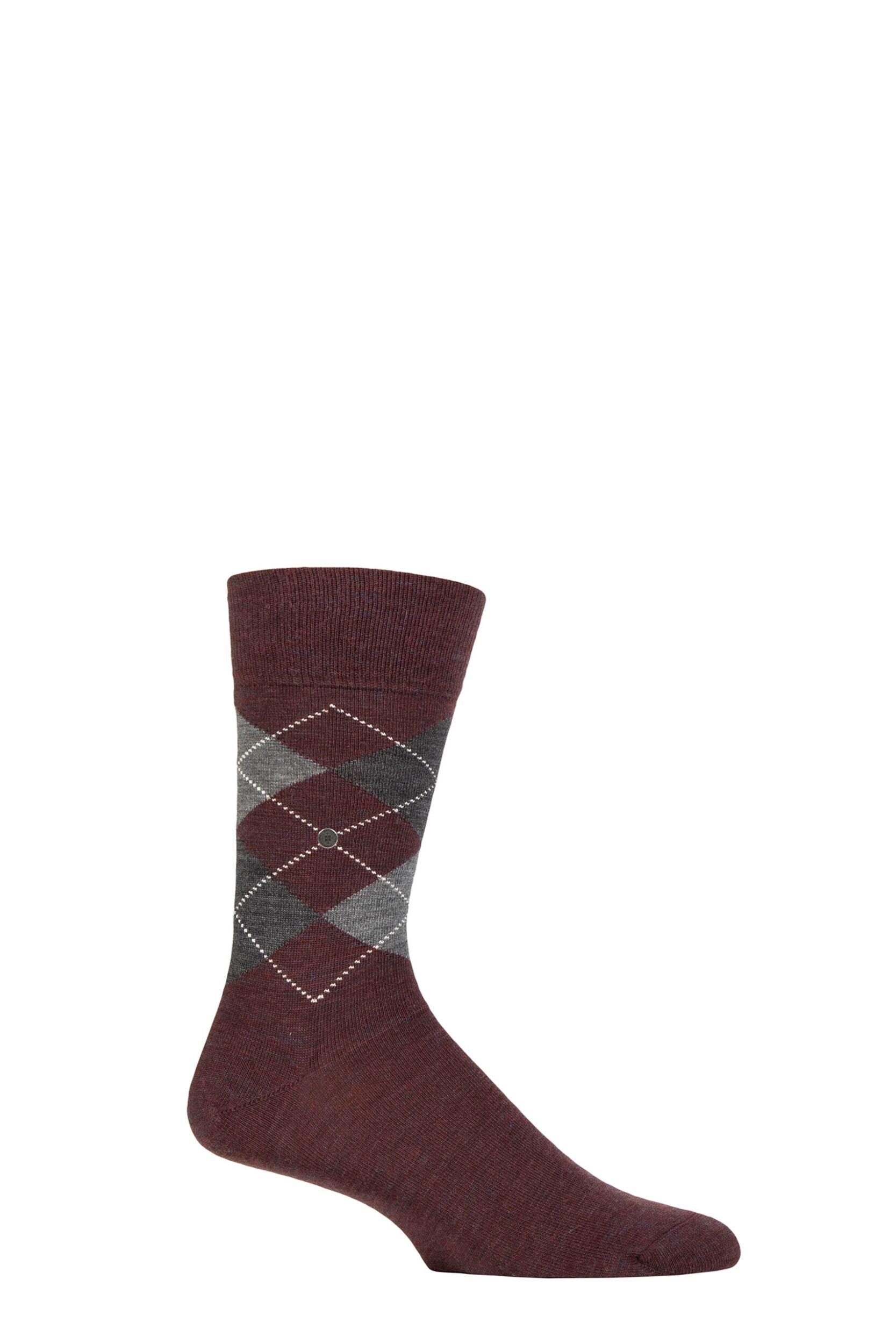 Mens 1 Pair Burlington Edinburgh Virgin Wool Argyle Socks Burgundy Melange 6.5-11 Mens