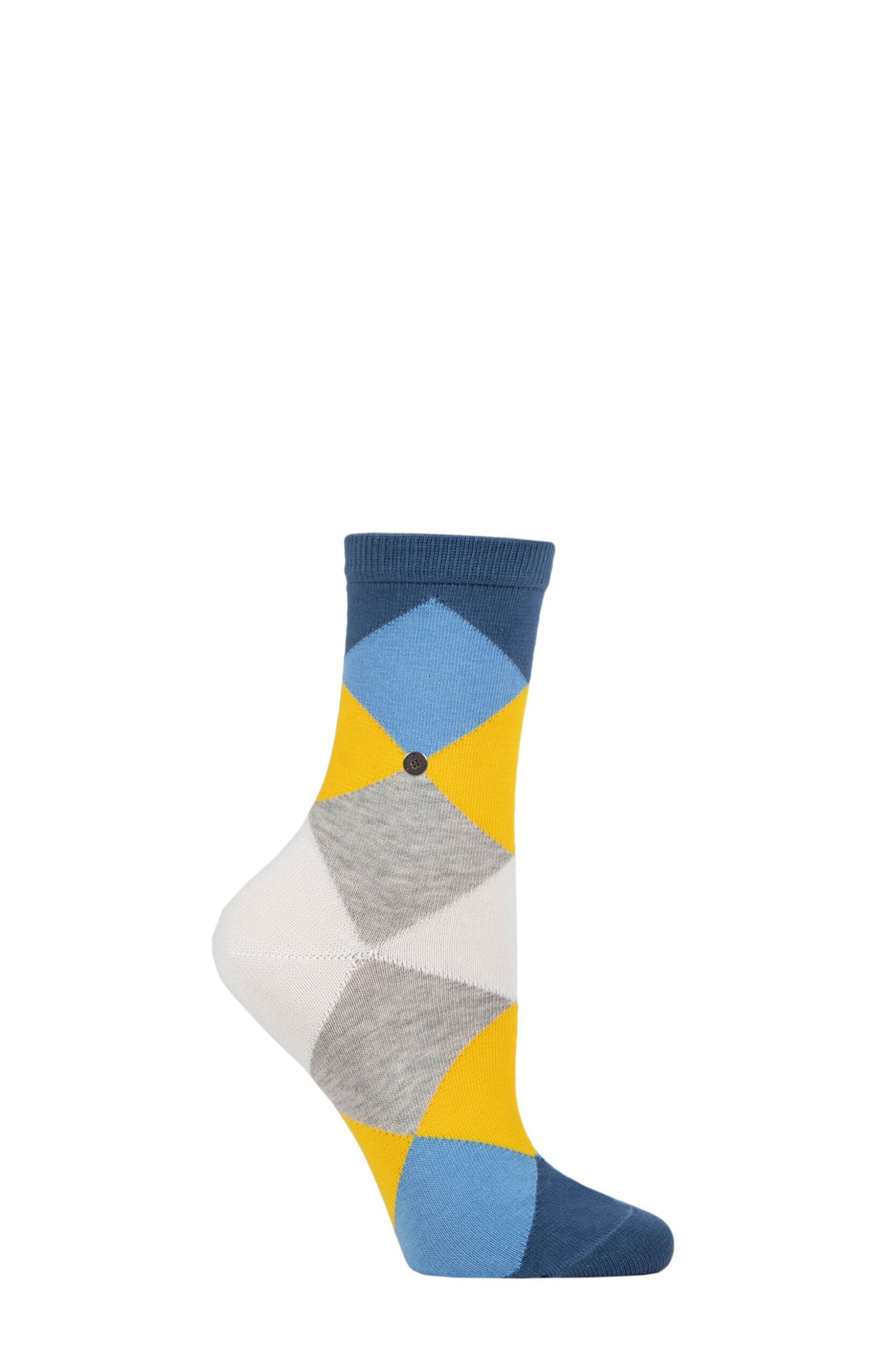 Women's 1 Pair Burlington Bonnie Cotton All Over Blend Argyle Socks White / Yellow 3.5-7 Ladies