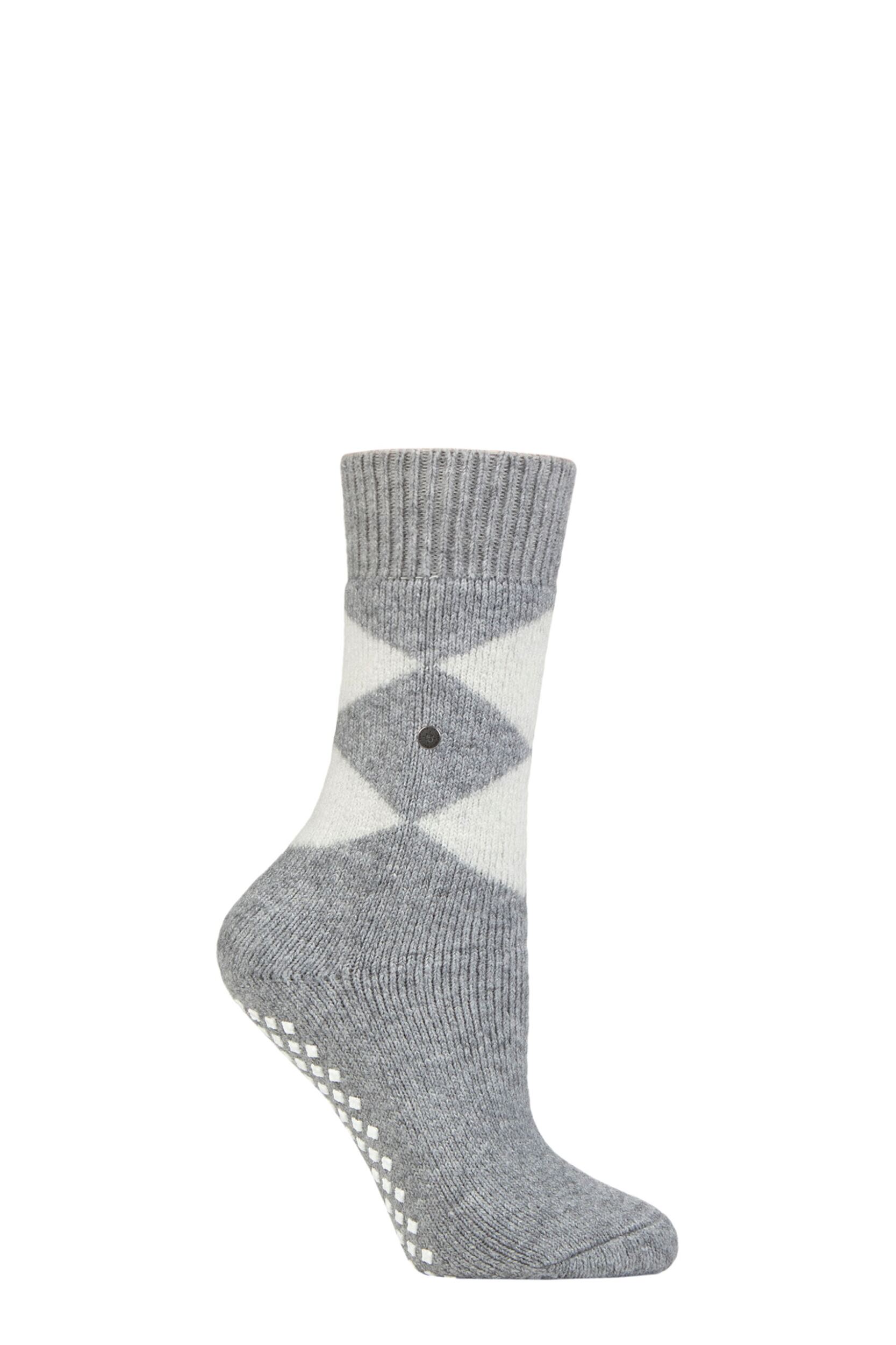 Women's 1 Pair Burlington Cosy Argyle Wool Slipper Socks Grey 3.5-7 Ladies