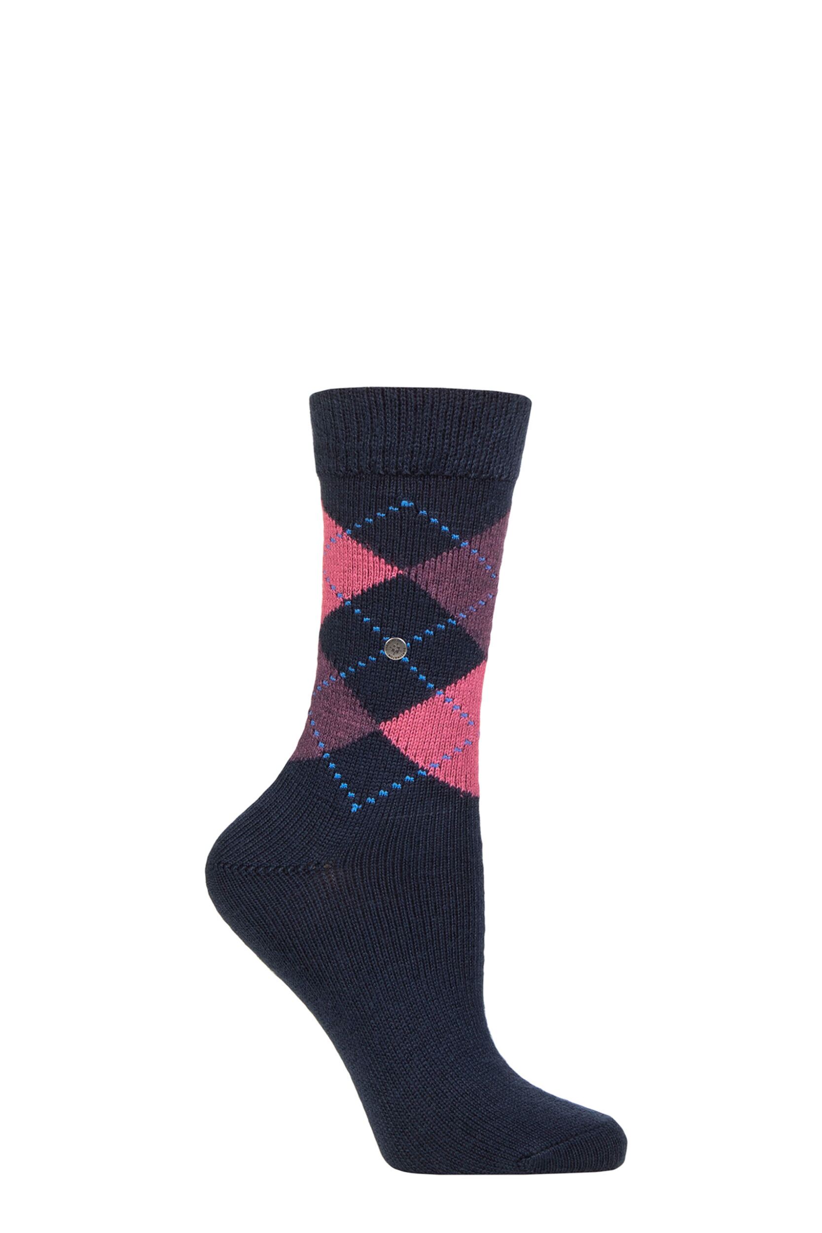 1 Pair Navy / Pink Whitby Extra Soft Argyle Socks Ladies 3.5-7 Ladies - Burlington