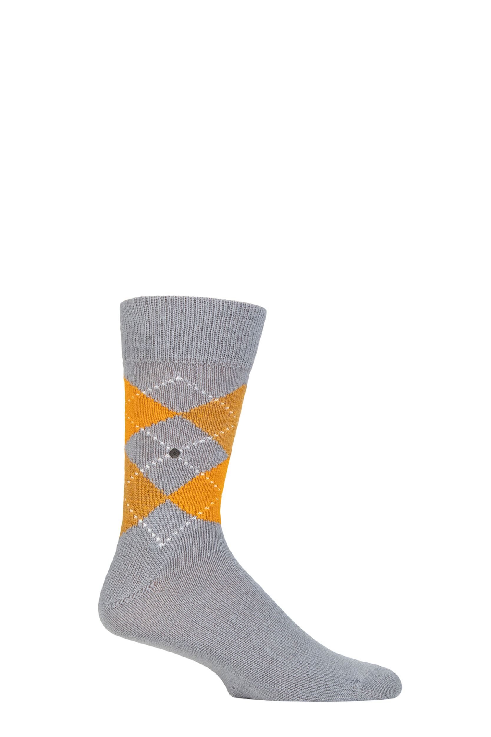 Mens 1 Pair Burlington Preston Extra Soft Feeling Argyle Socks Grey / Yellow 6.5-11 Mens