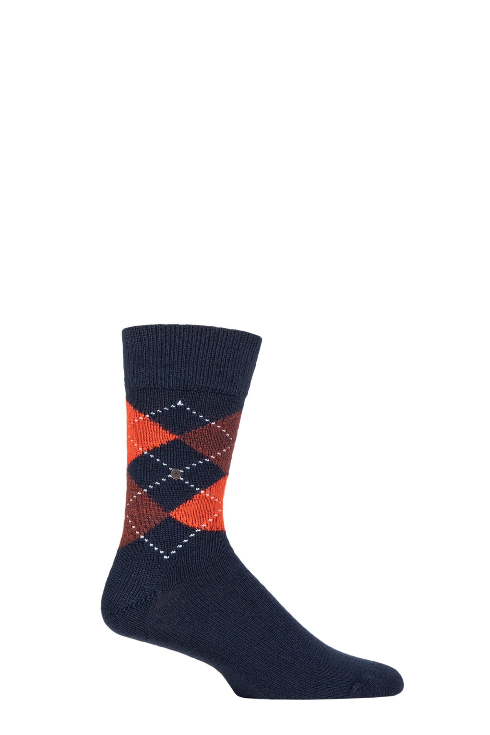 Mens 1 Pair Burlington Preston Extra Soft Feeling Argyle Socks Navy / Orange 6.5-11 Mens