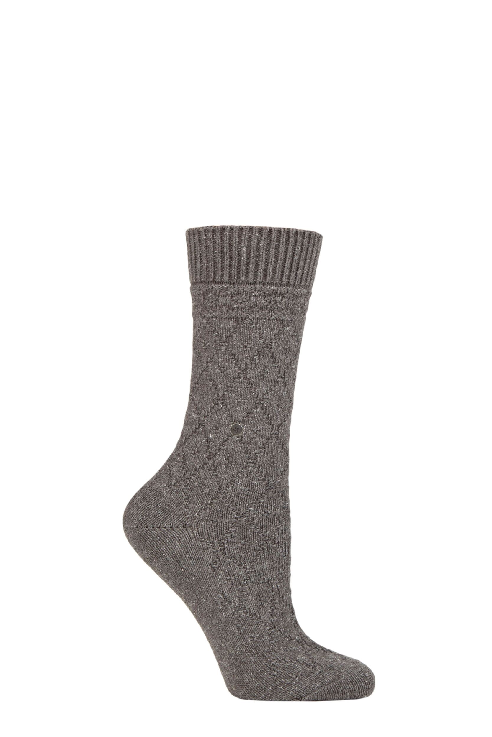 Women's 1 Pair Burlington Argyle Wool Cotton Boot Socks Grey 3.5-7 Ladies