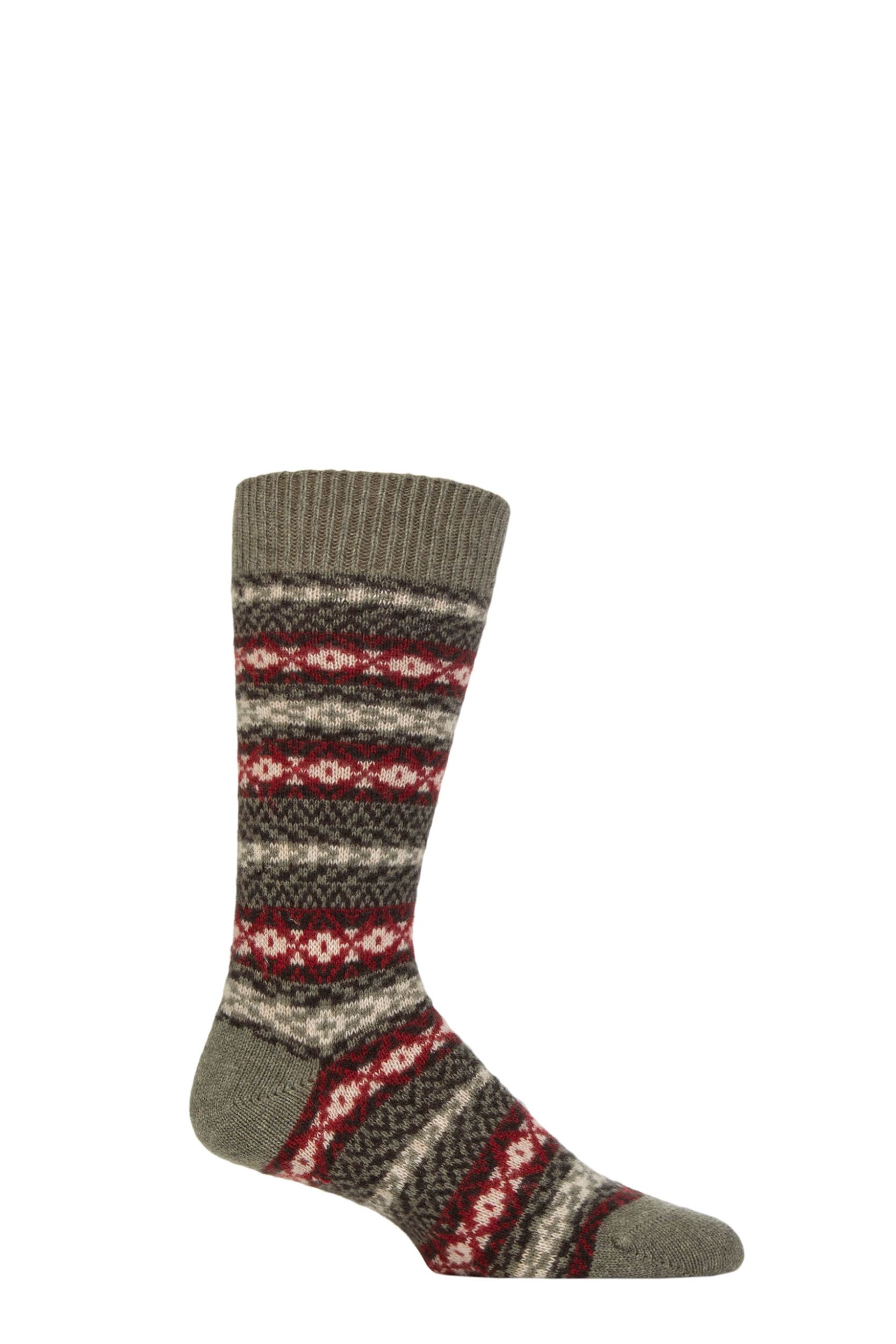 Mens 1 Pair Pantherella Bradstock 85% Cashmere Traditional Fair Isle Socks Light Olive 7.5-9.5 Mens