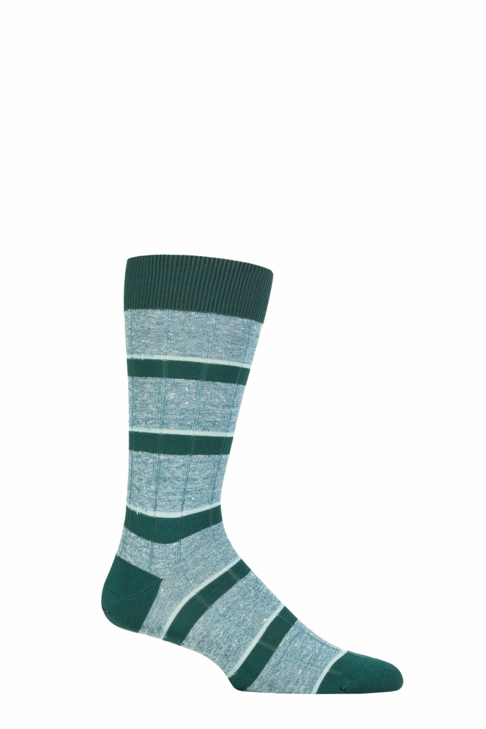 Mens 1 Pair Pantherella Samarkand Linen Blend Striped Ribbed Socks Teal 10-12 Mens