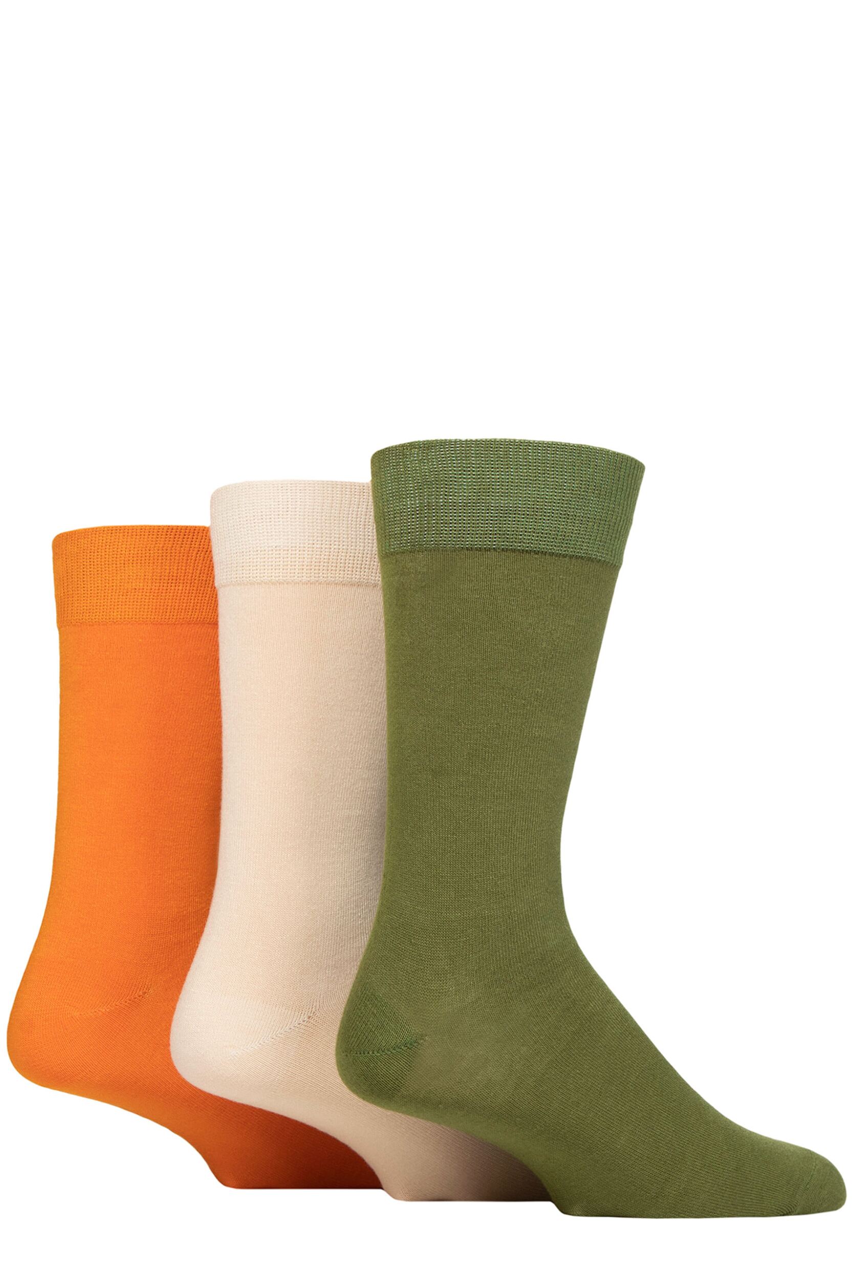 Mens 3 Pair Glenmuir Classic Bamboo Plain Socks Green / Cream / Orange 7-11