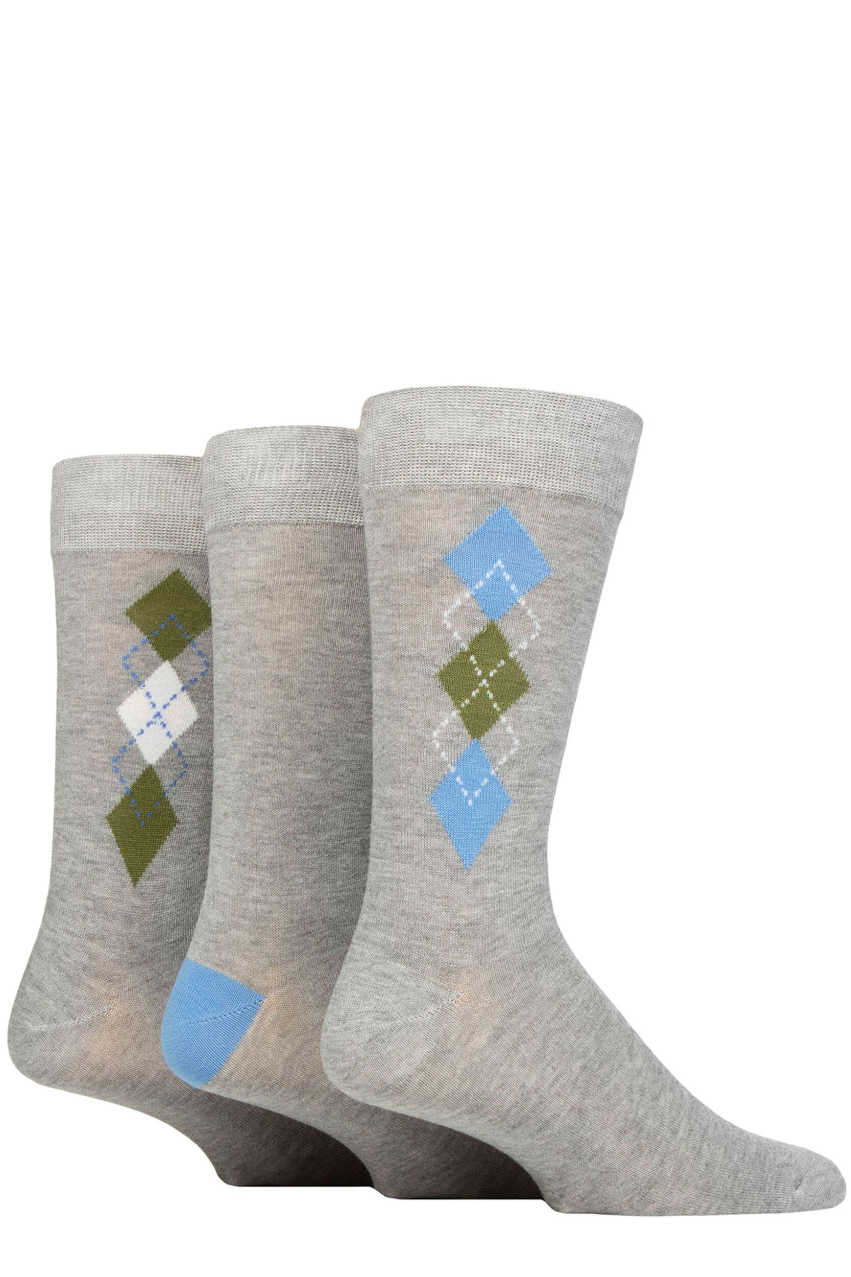 Mens 3 Pair Glenmuir Patterned Bamboo Socks Argyle Light Grey 7-11