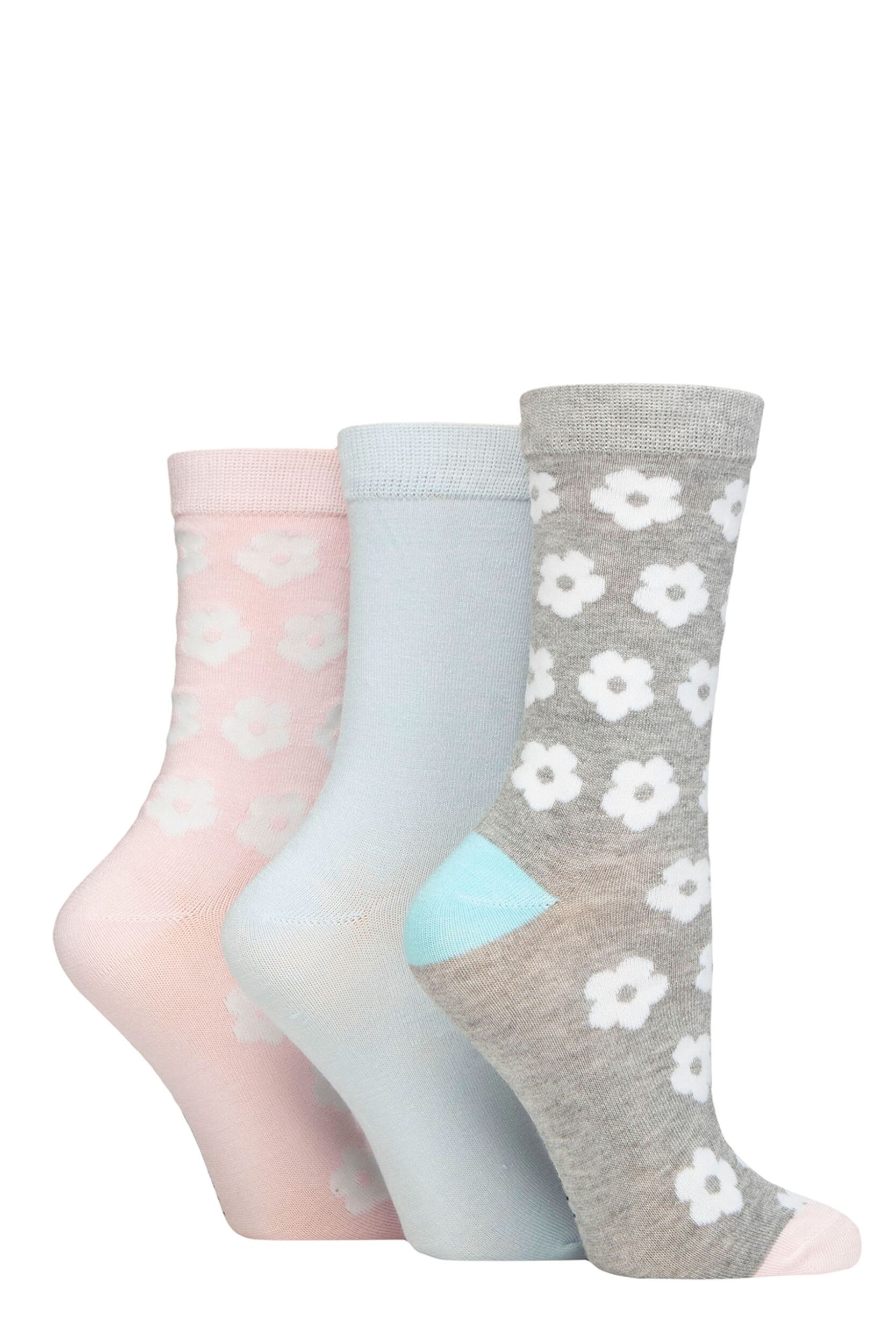 Women's 3 Pair SOCKSHOP Wildfeet Patterned Bamboo Socks Flowers Grey / Pink / Blue 4-8