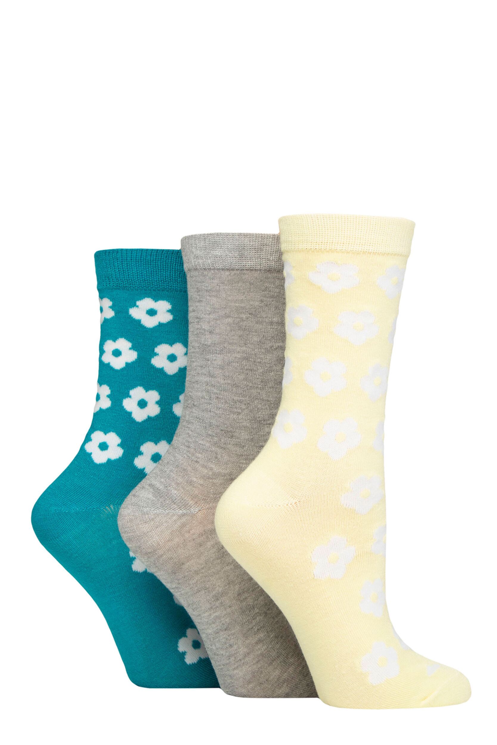 Women's 3 Pair SOCKSHOP Wildfeet Patterned Bamboo Socks Flowers Yellow / Grey / Teal 4-8