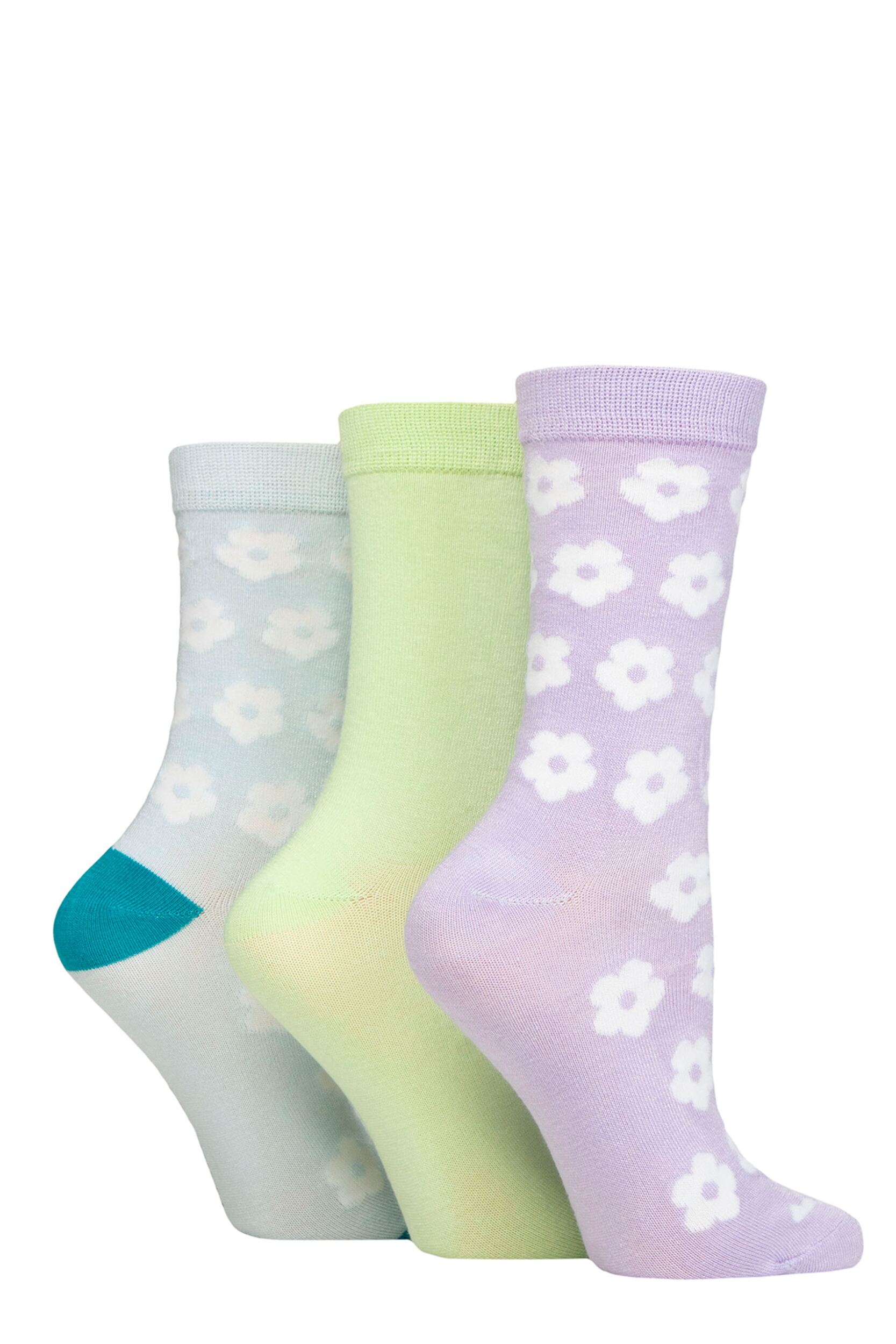 Women's 3 Pair SOCKSHOP Wildfeet Patterned Bamboo Socks Flowers Lilac / Green / Blue 4-8