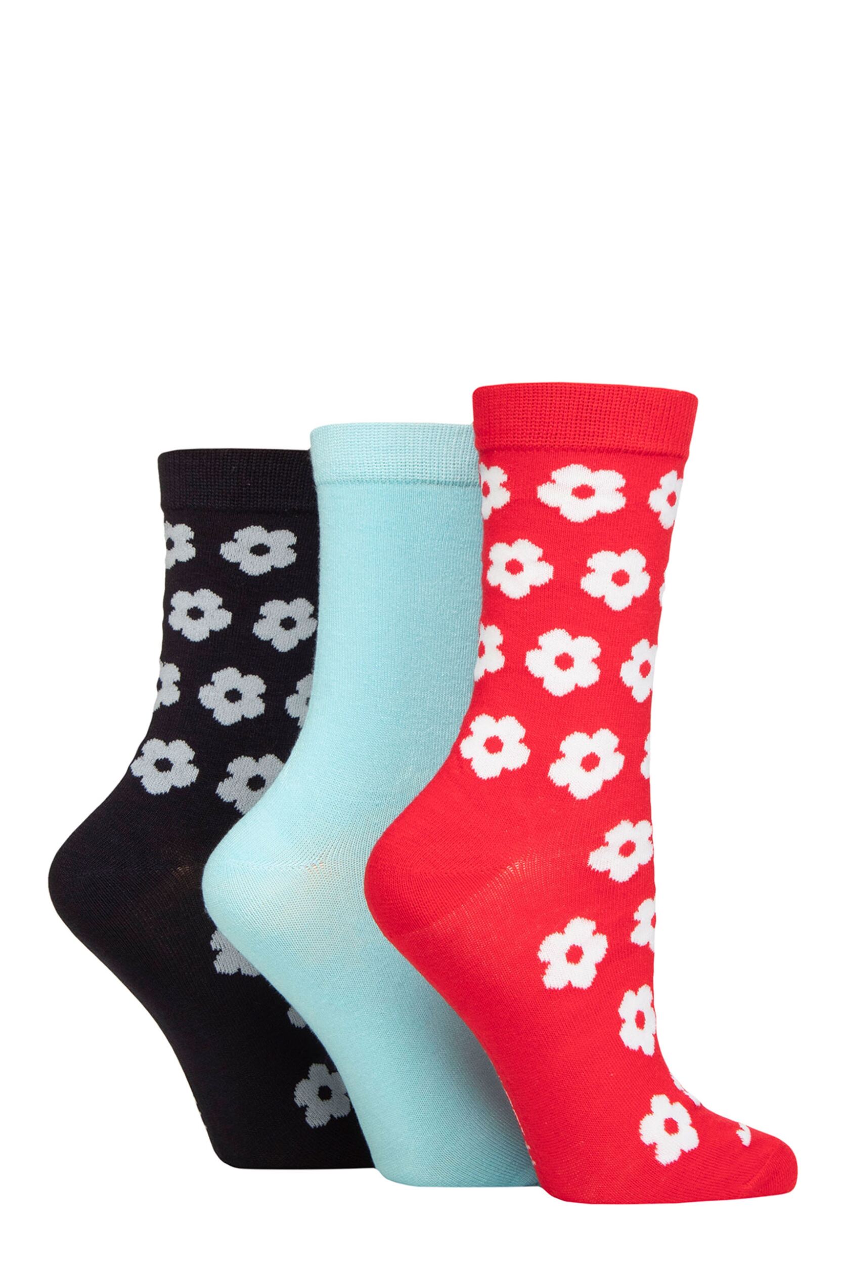 Women's 3 Pair SOCKSHOP Wildfeet Patterned Bamboo Socks Flowers Red / Blue / Navy 4-8