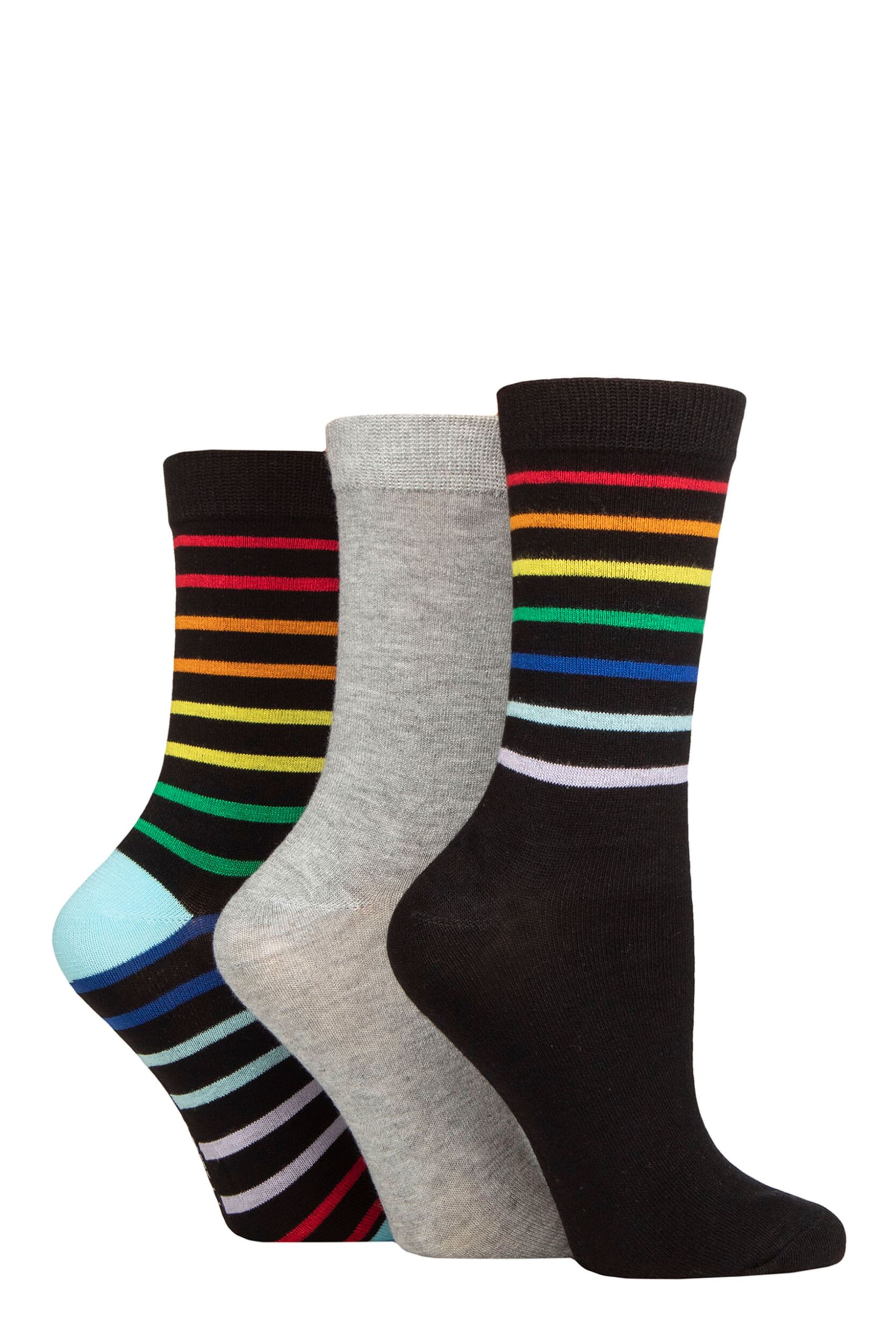 Women's 3 Pair SOCKSHOP Wildfeet Patterned Bamboo Socks Rainbow Stripe Black 4-8