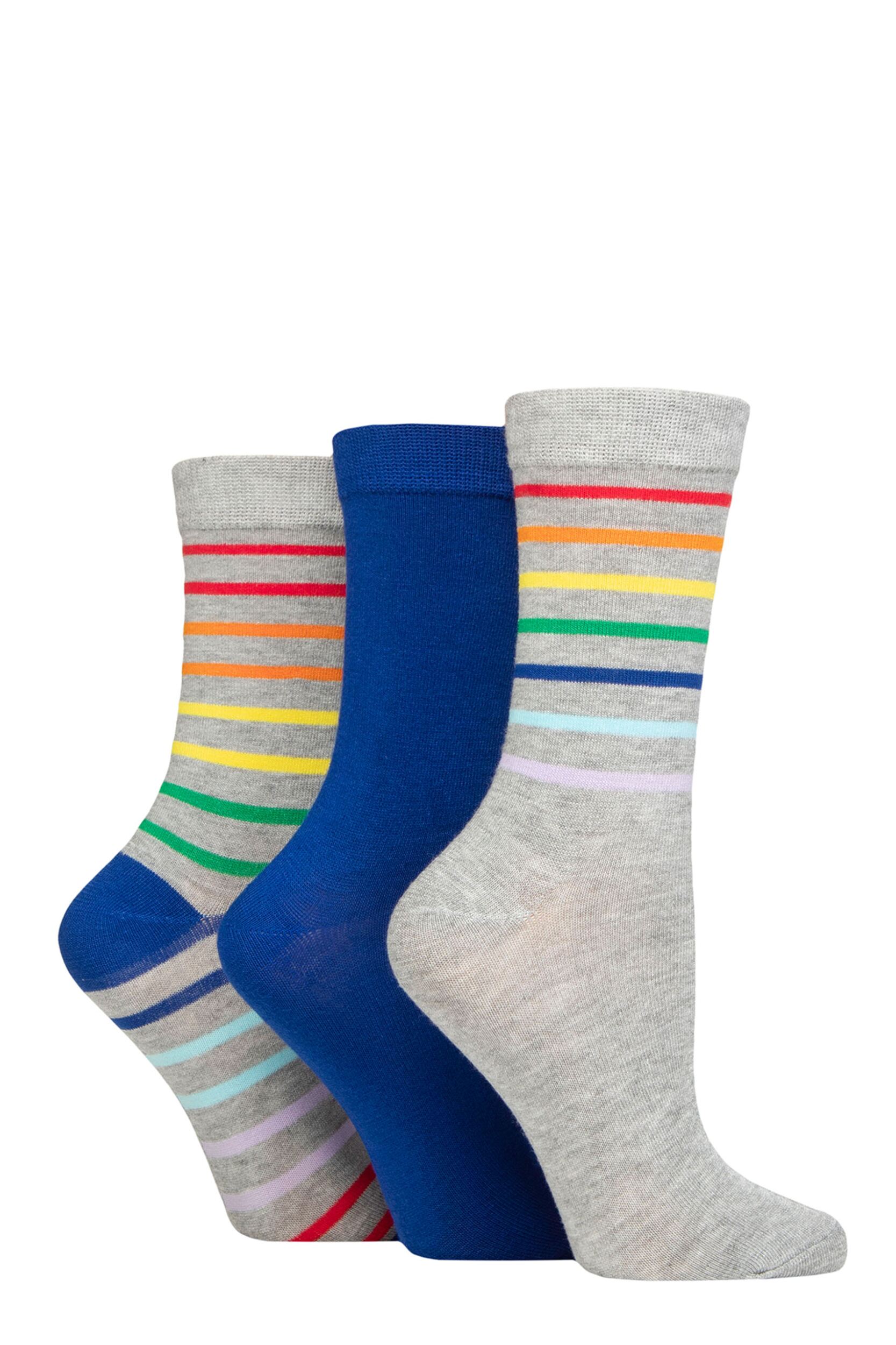 Women's 3 Pair SOCKSHOP Wildfeet Patterned Bamboo Socks Rainbow Stripe Grey 4-8