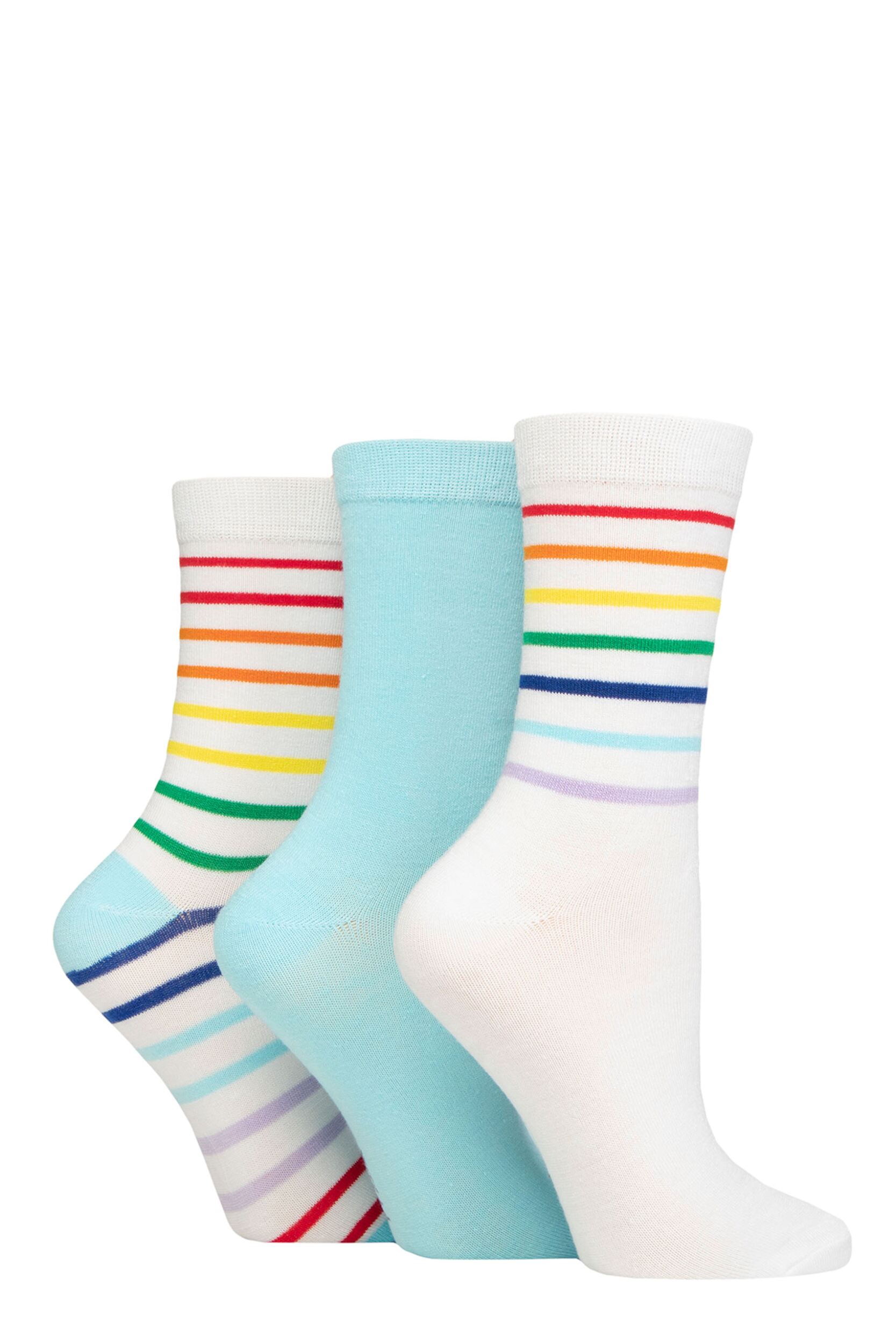 Women's 3 Pair SOCKSHOP Wildfeet Patterned Bamboo Socks Rainbow Stripe White 4-8