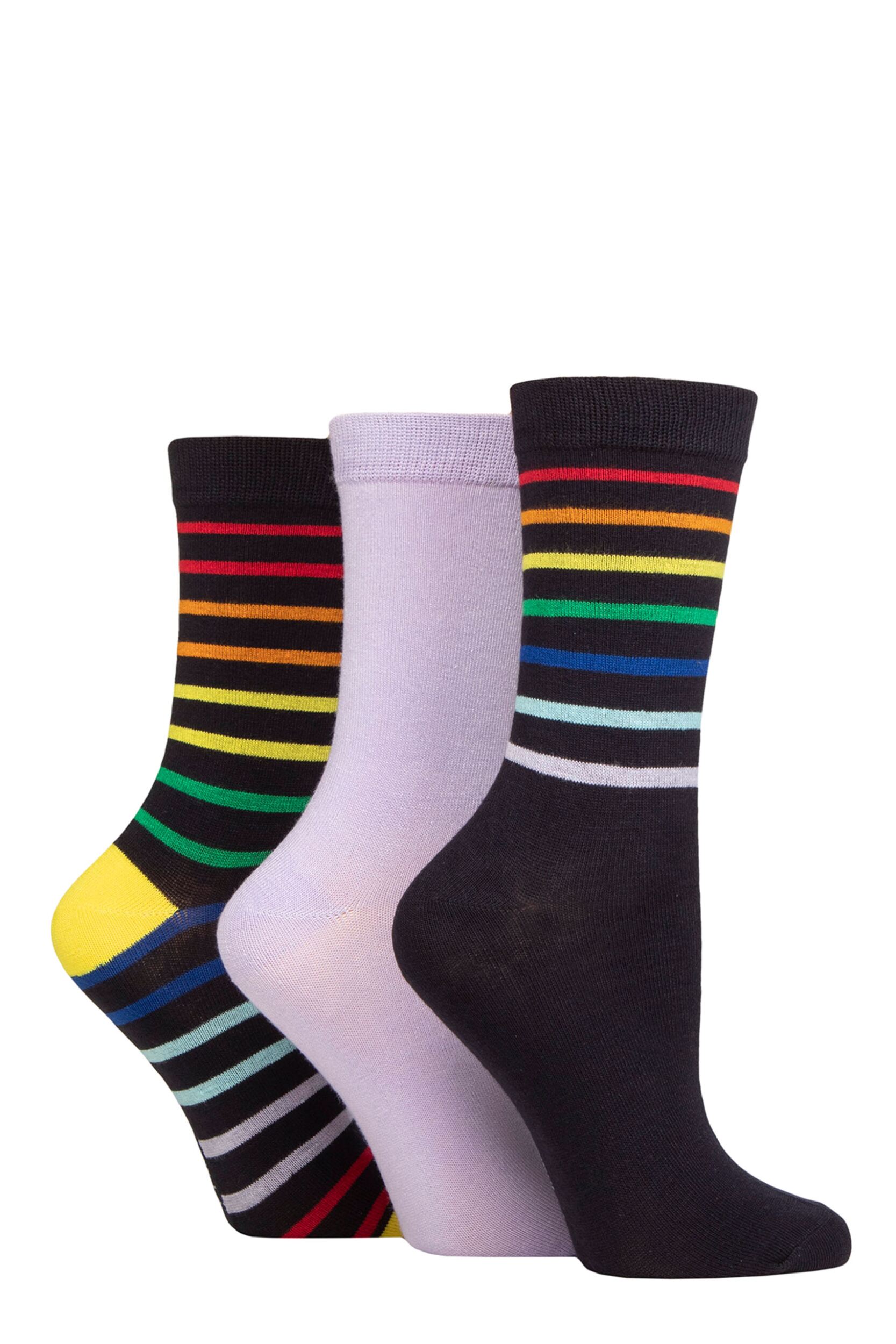 Women's 3 Pair SOCKSHOP Wildfeet Patterned Bamboo Socks Rainbow Stripe Navy 4-8