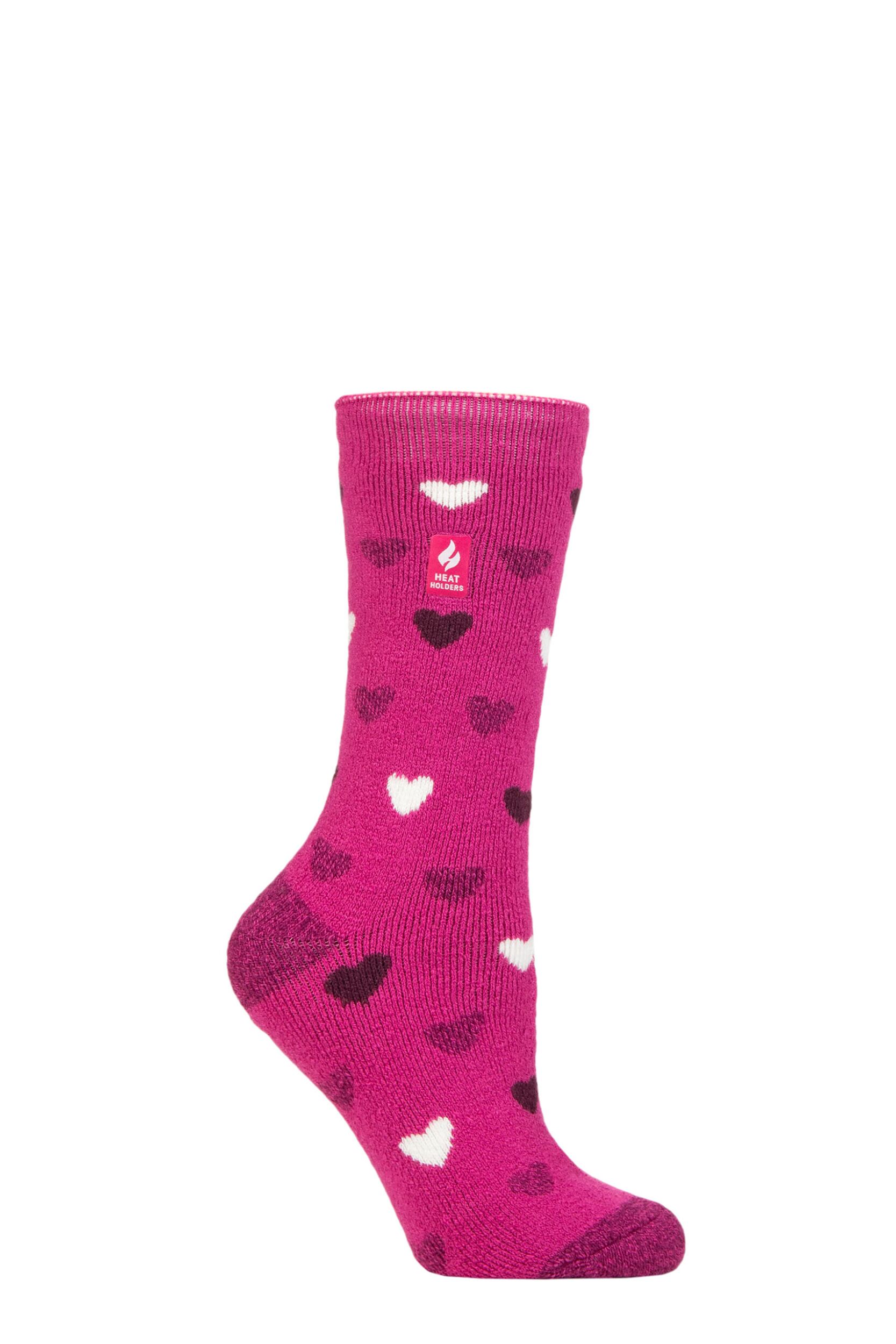 Women's 1 Pair SOCKSHOP Heat Holders 1.6 TOG Lite Patterned and Striped Socks Jasmine Hearts Fuchsia Red 4-8