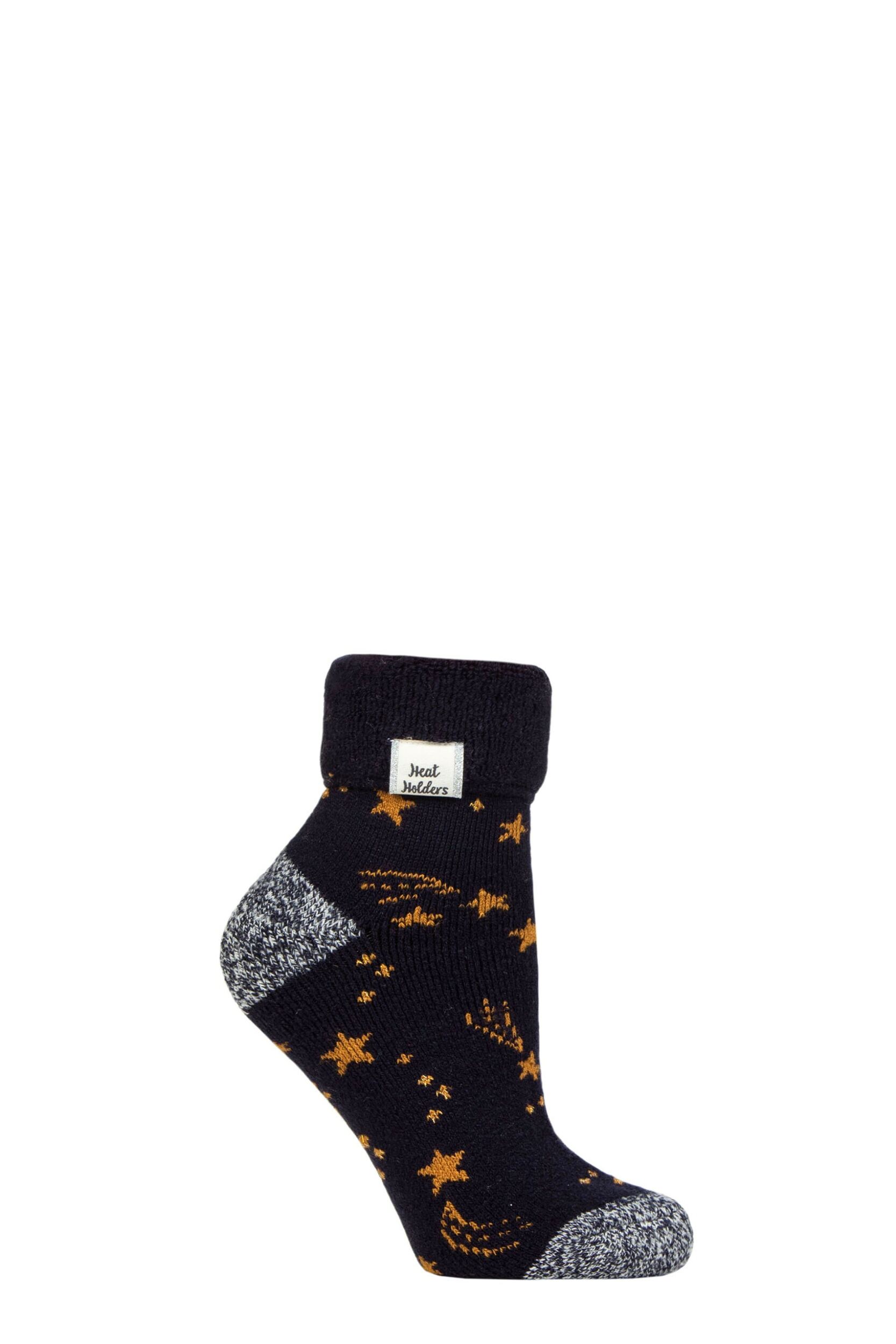 Women's 1 Pair SOCKSHOP Heat Holders Turn Over Cuff Sleep Lite Socks Navy / Gold Stars 4-8