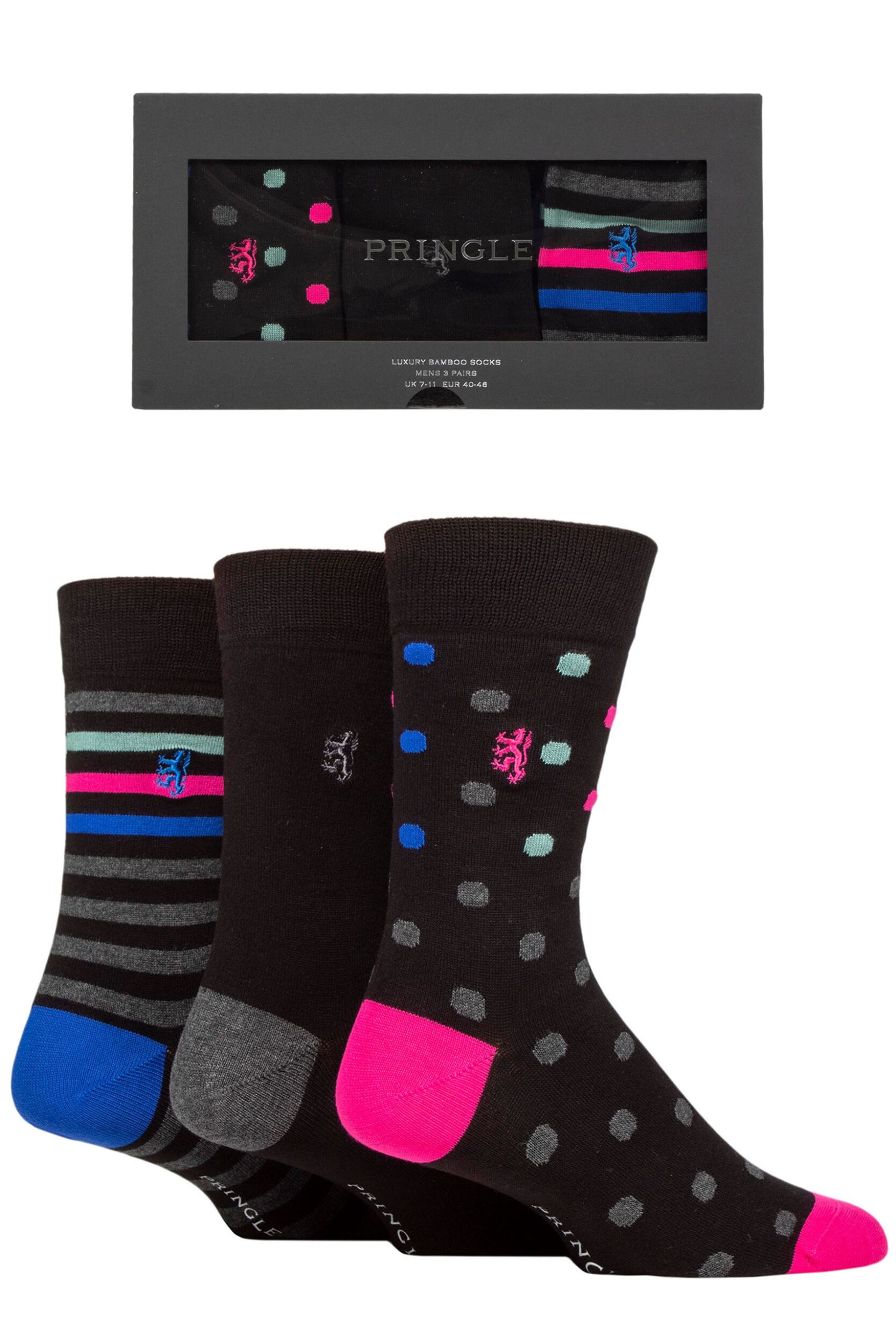 Mens 3 Pair Pringle Plain and Patterned Gift Boxed Bamboo Socks Black Spot / Plain / Stripe 7-11 Mens