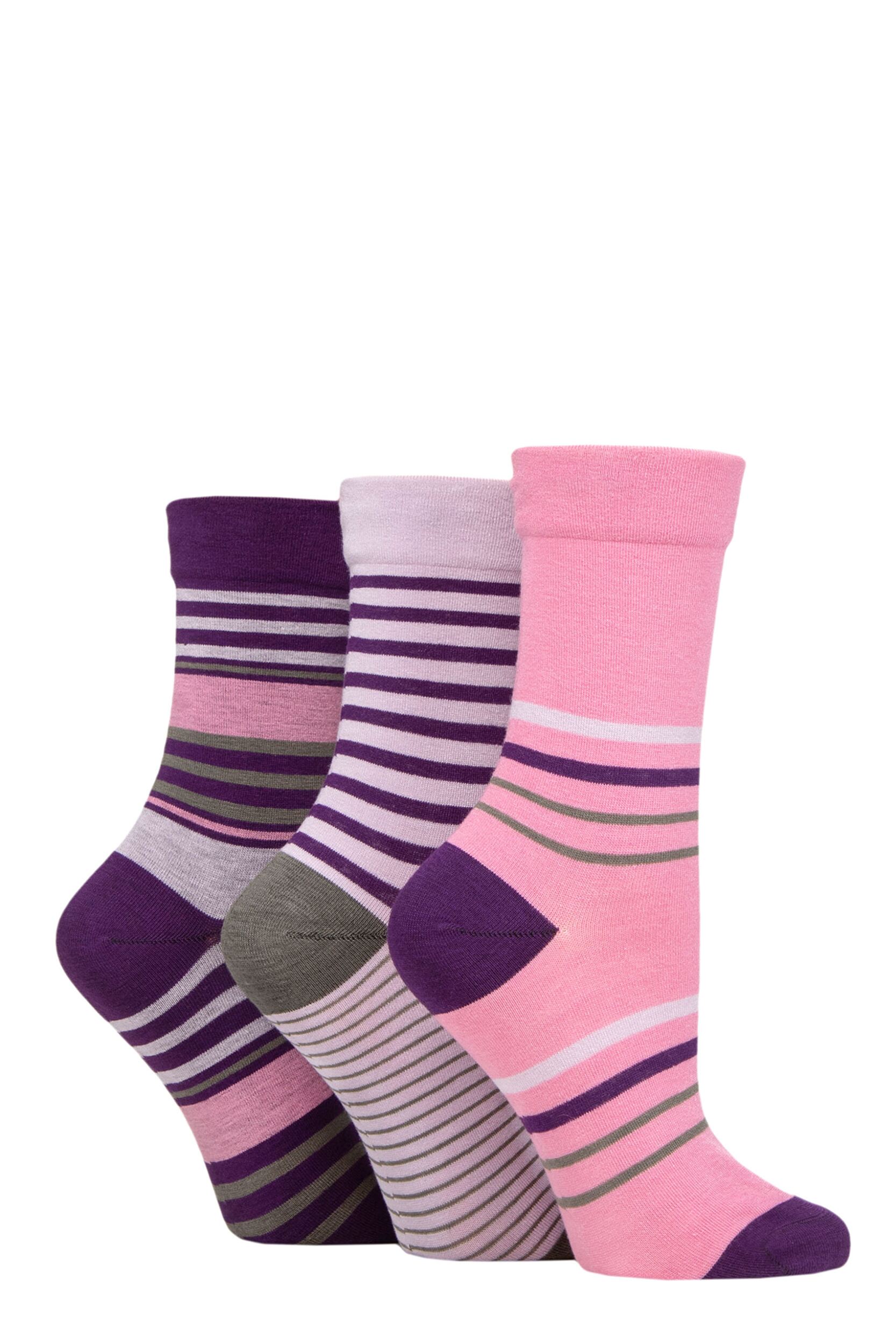 Women's 3 Pair SOCKSHOP Gentle Bamboo Socks with Smooth Toe Seams in Plains and Stripes Royal Purple 4-8