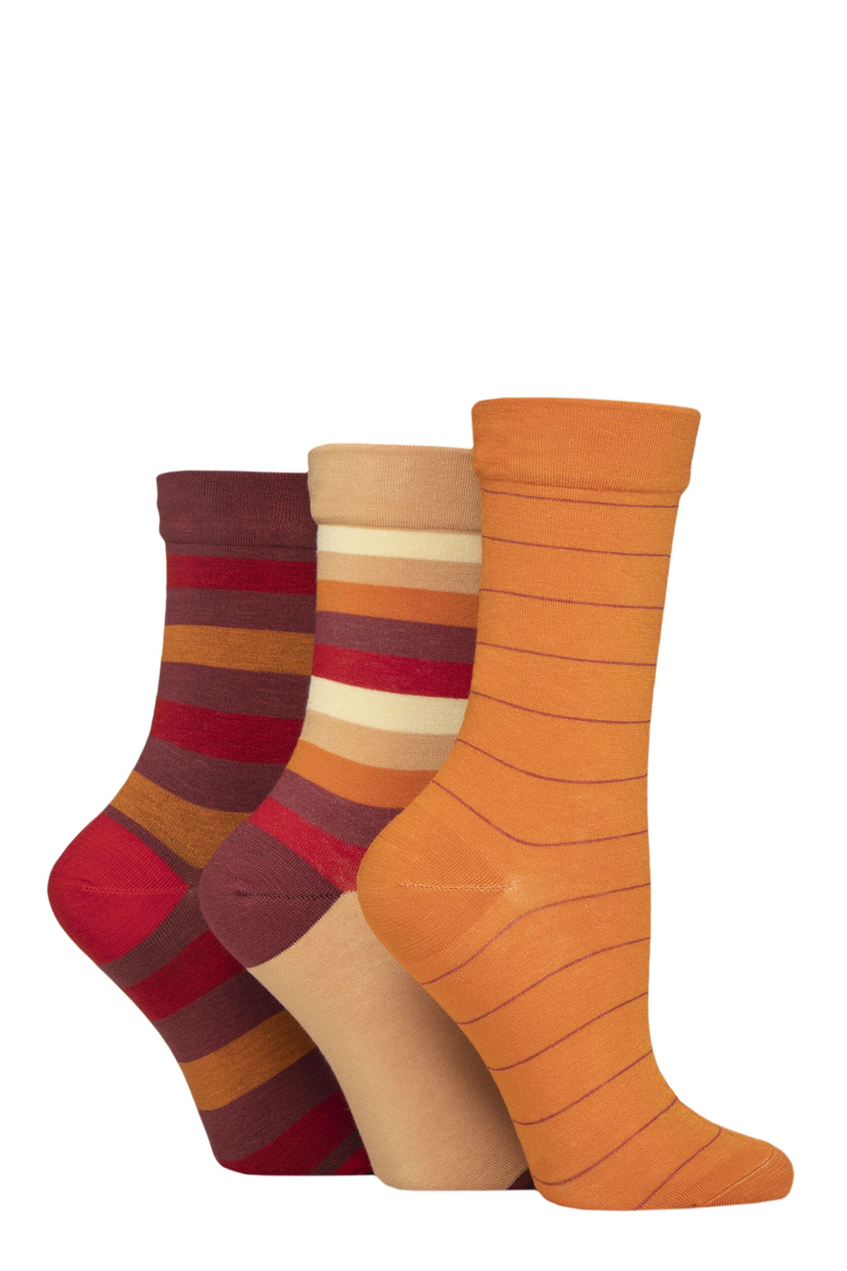 Women's 3 Pair SOCKSHOP Gentle Bamboo Socks with Smooth Toe Seams in Plains and Stripes Marmalade 4-8