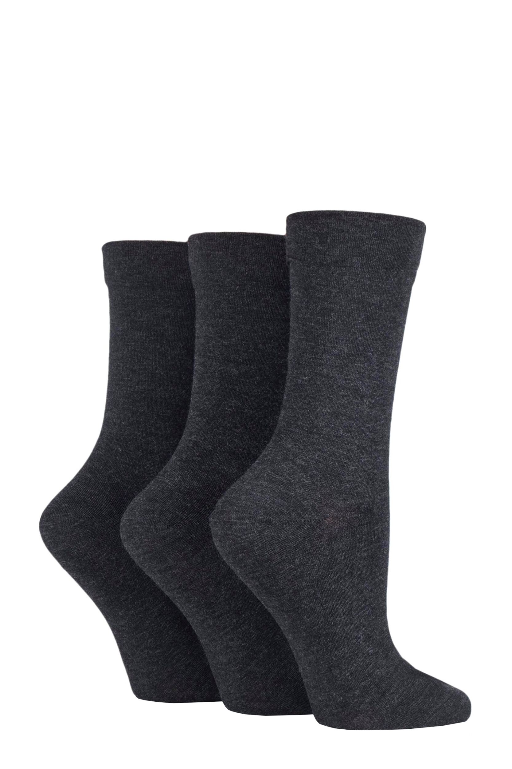 3 Pair Grey Gentle Bamboo Socks with Smooth Toe Seams in Plains and Stripes Ladies 4-8 Ladies - SOCKSHOP