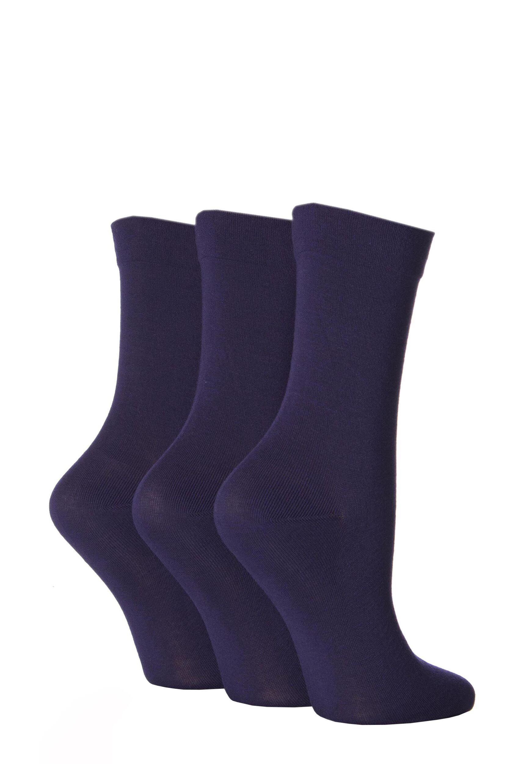 3 Pair Navy Gentle Bamboo Socks with Smooth Toe Seams in Plains and Stripes Ladies 4-8 Ladies - SOCKSHOP