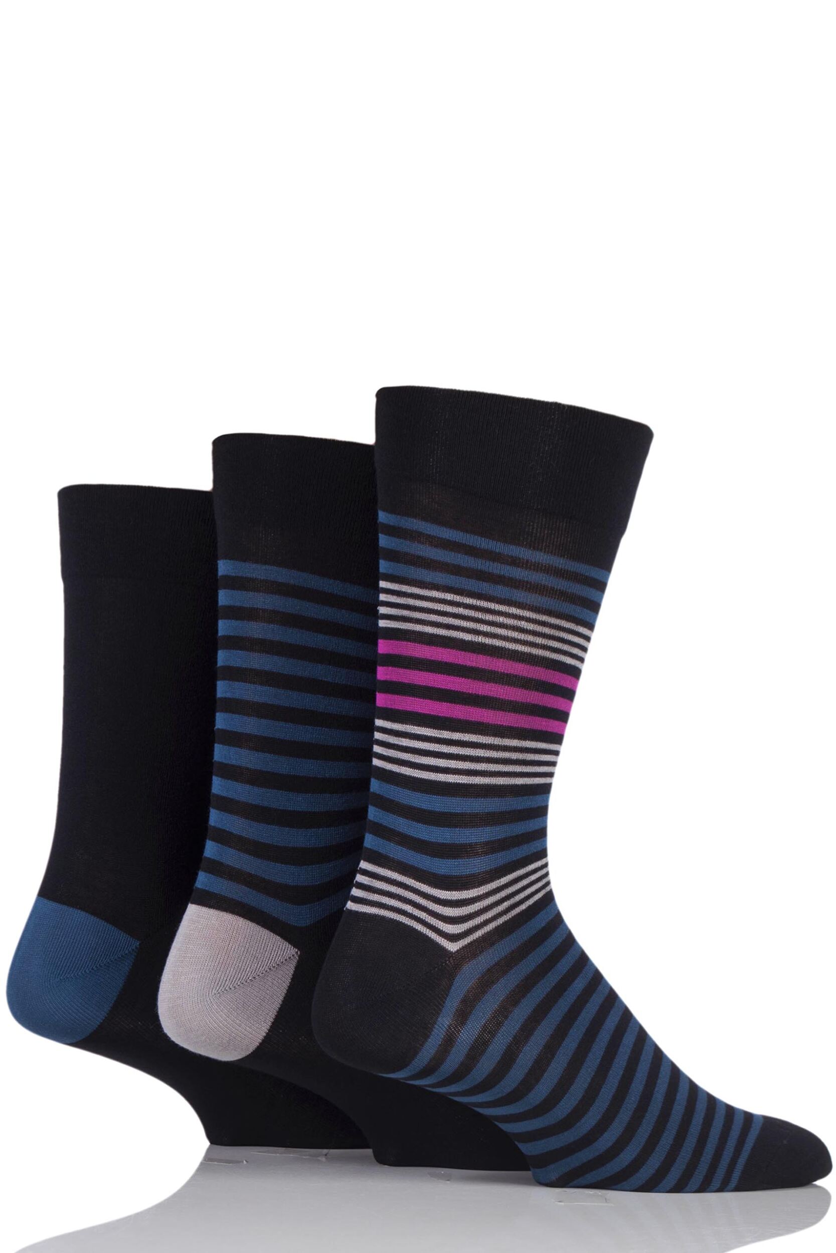 Mens 3 Pair SOCKSHOP Comfort Cuff Gentle Bamboo Striped Socks with Smooth Toe Seams Teal Jewel / Black 12-14 Mens