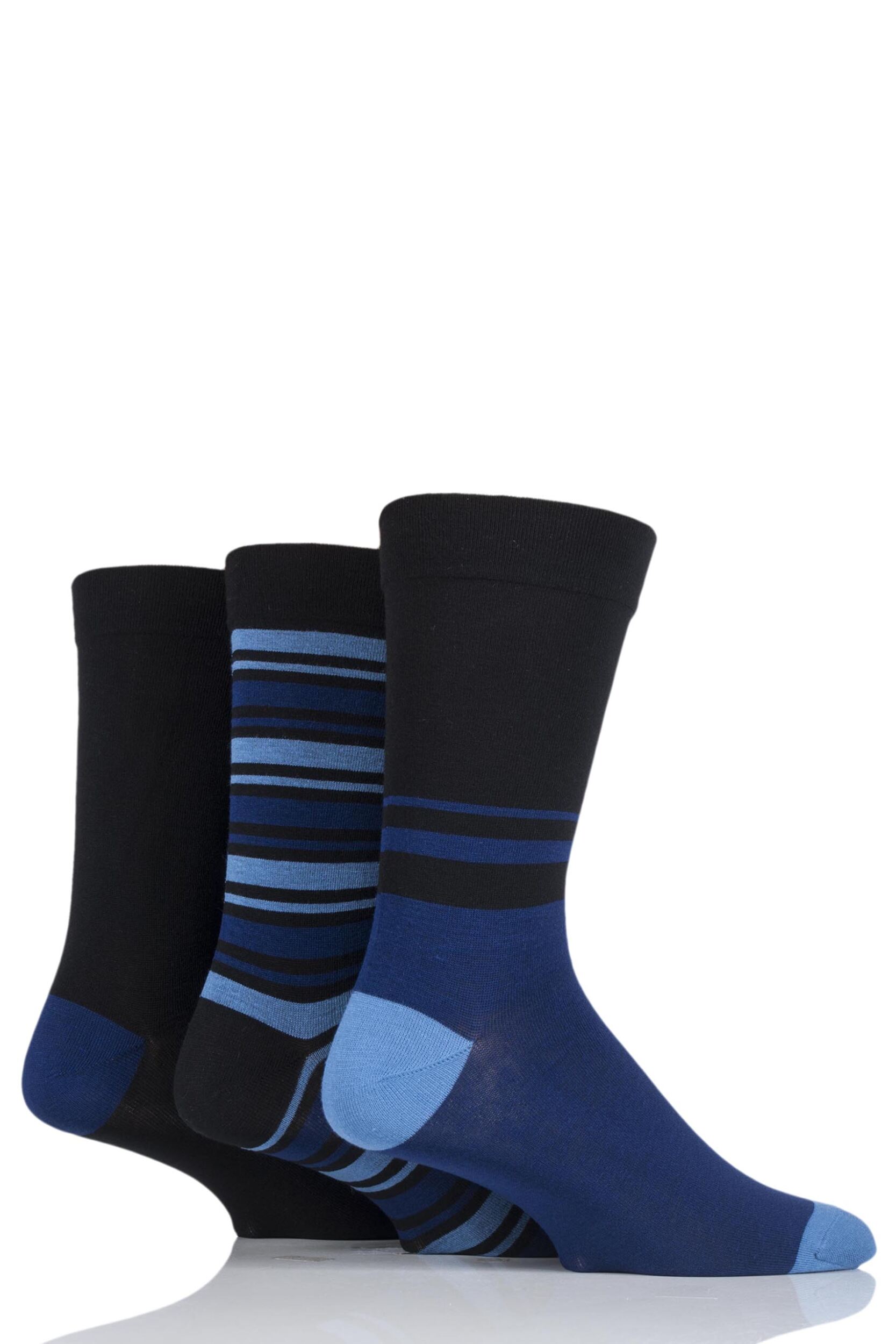 3 Pair Black / Blue Comfort Cuff Gentle Bamboo Striped and Plain Socks with Smooth Toe Seams Men's 7-11 Mens - SOCKSHOP