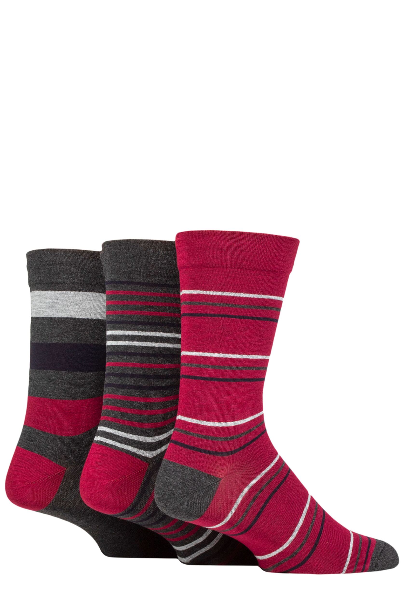 Mens 3 Pair SOCKSHOP Comfort Cuff Gentle Bamboo Striped Socks with Smooth Toe Seams Merlot / Charcoal 12-14 Mens