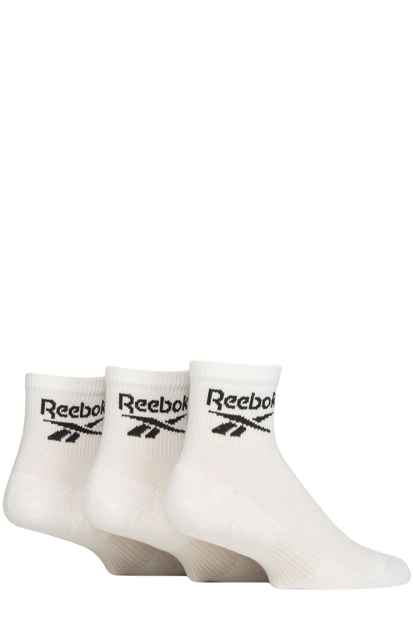 Mens and Women's 3 Pair Reebok Core Cotton Cushioned Ankle Socks White 2.5-3.5 UK