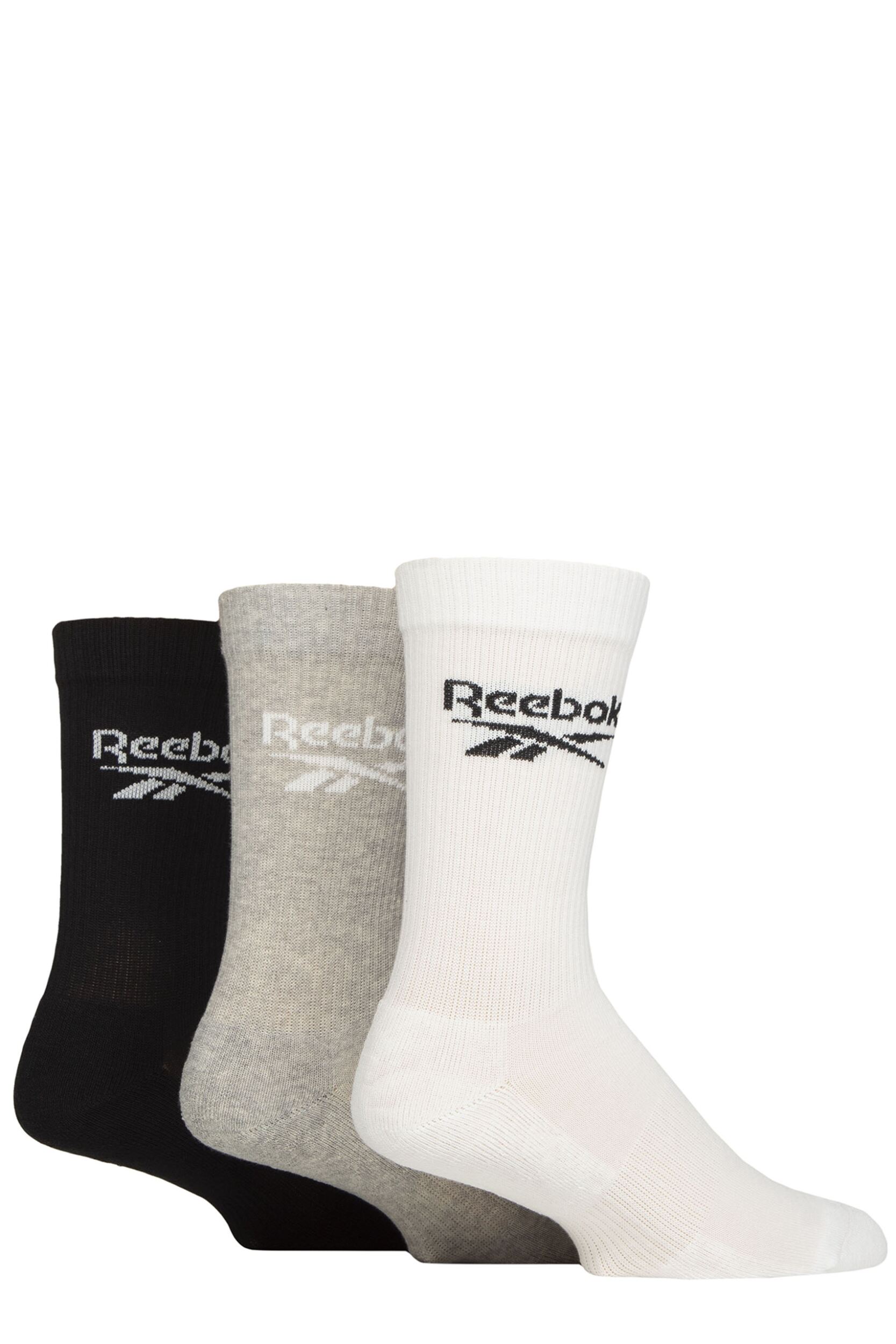 Mens and Women's 3 Pair Reebok Core Ribbed Cotton Crew Socks White / Grey / Black 2.5-3.5 UK