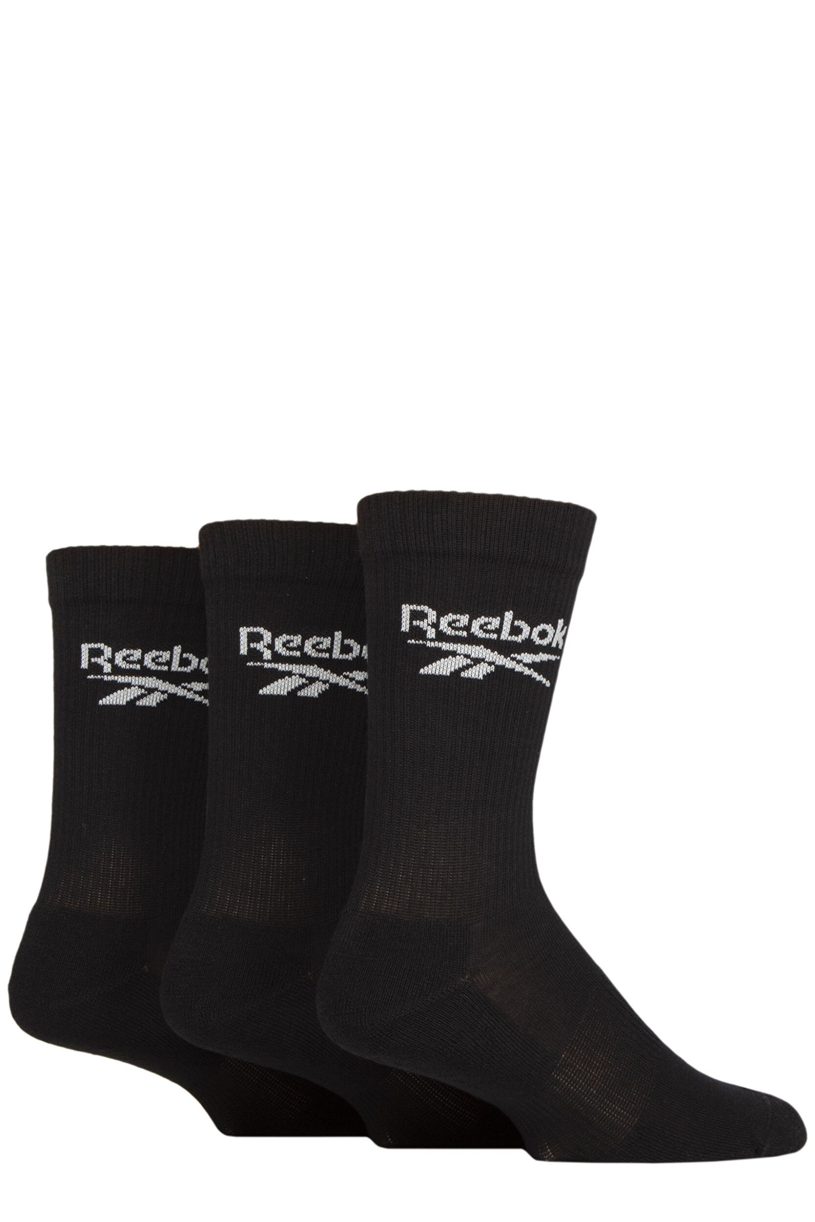 Mens and Women's 3 Pair Reebok Core Ribbed Cotton Crew Socks Black 11-12.5 UK