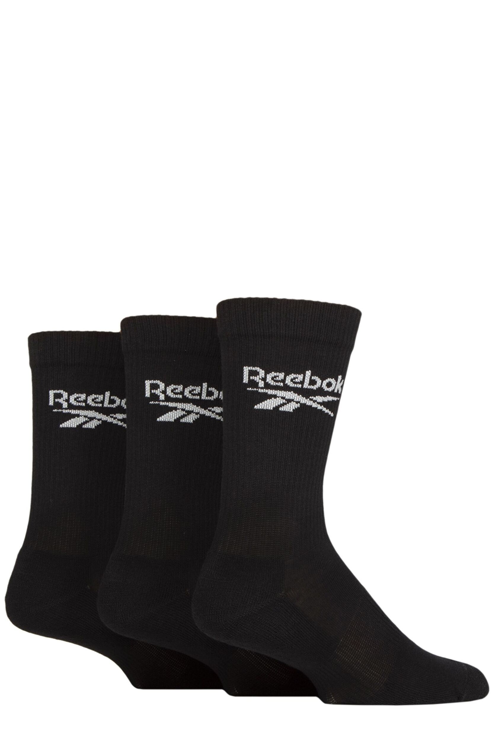 Mens and Women's 3 Pair Reebok Core Ribbed Cotton Crew Socks Black 8.5-10 UK