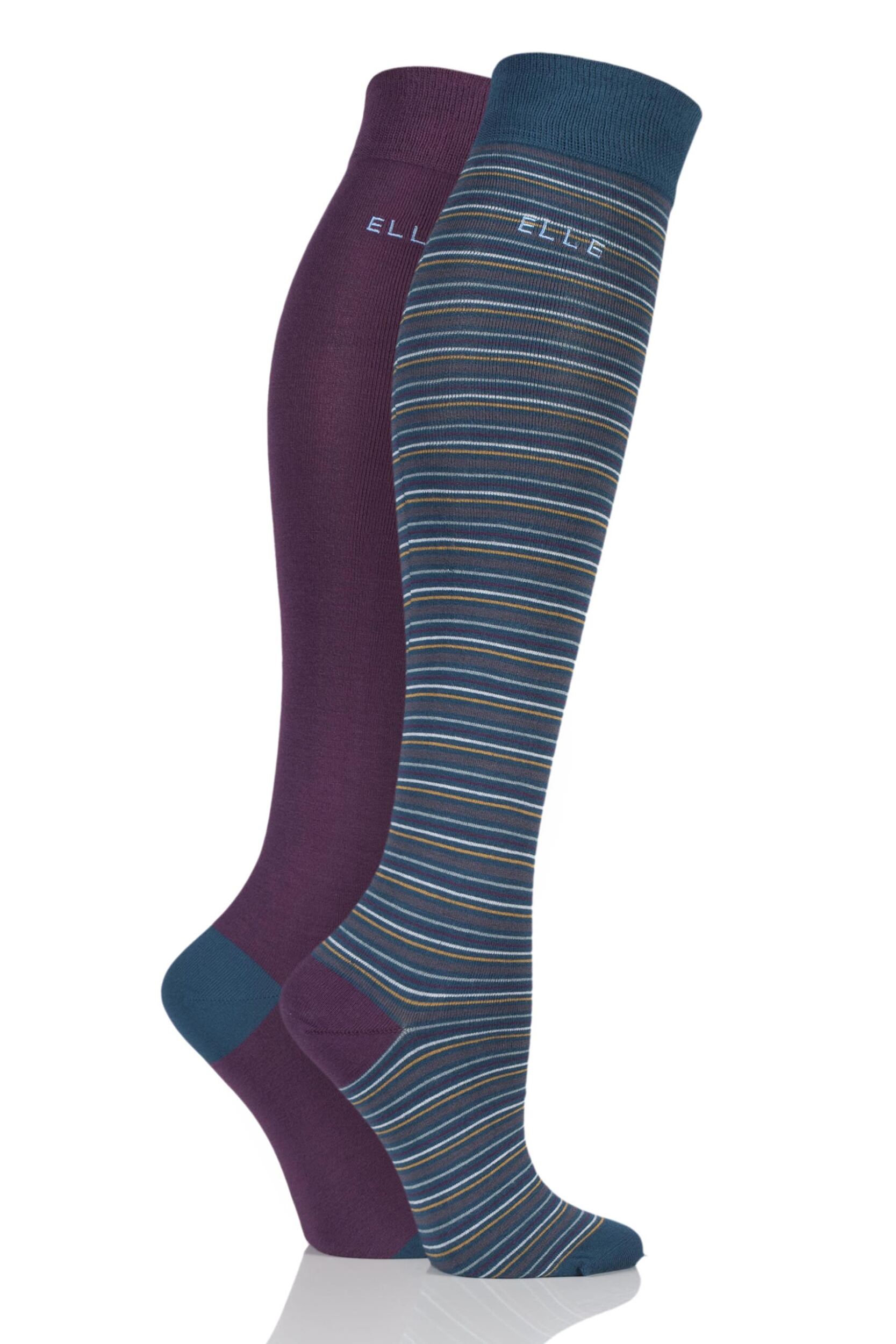 Ladies 2 Pair Elle Bamboo Striped and Plain Knee High Socks | eBay
