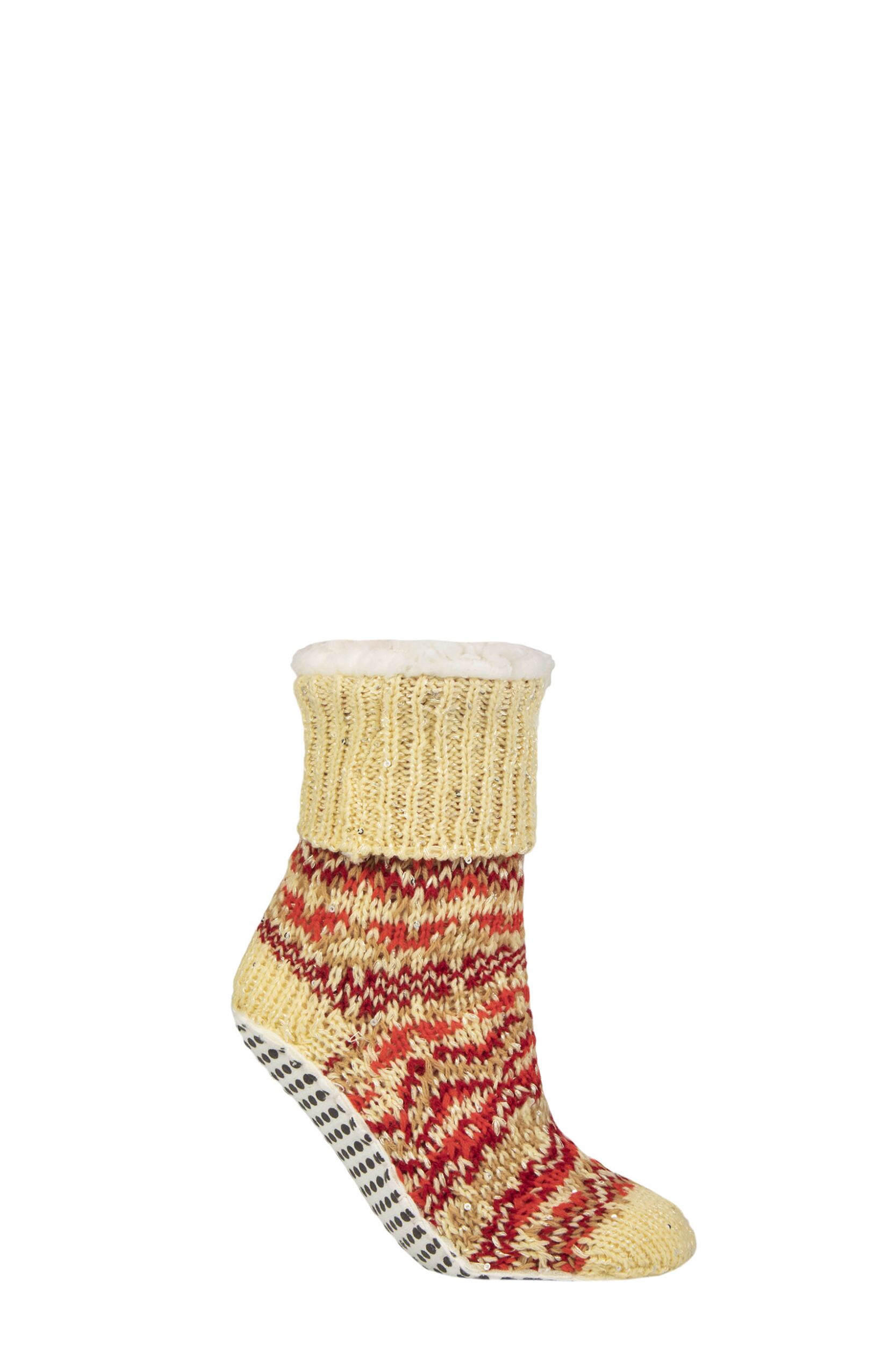 Women's 1 Pair Elle Chunky Fair Isle and Striped Moccasin Grip Socks Cinnamon / Cream 4-8