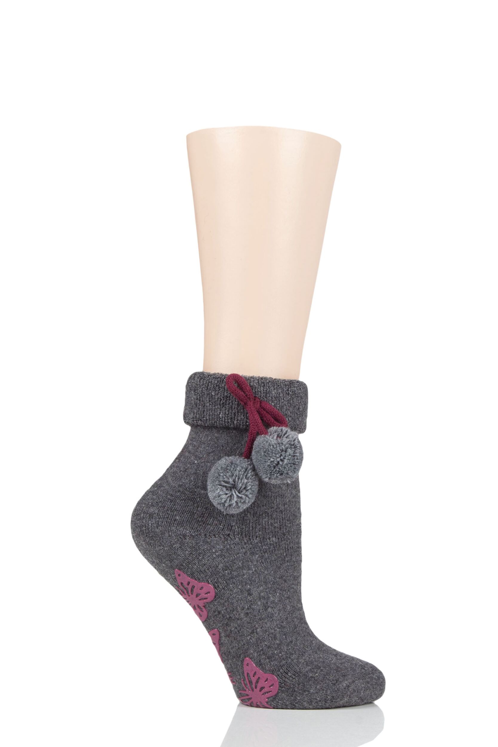 Women's 1 Pair Elle Wool Mix Slipper Socks with Pompoms Charcoal 4-8 Ladies