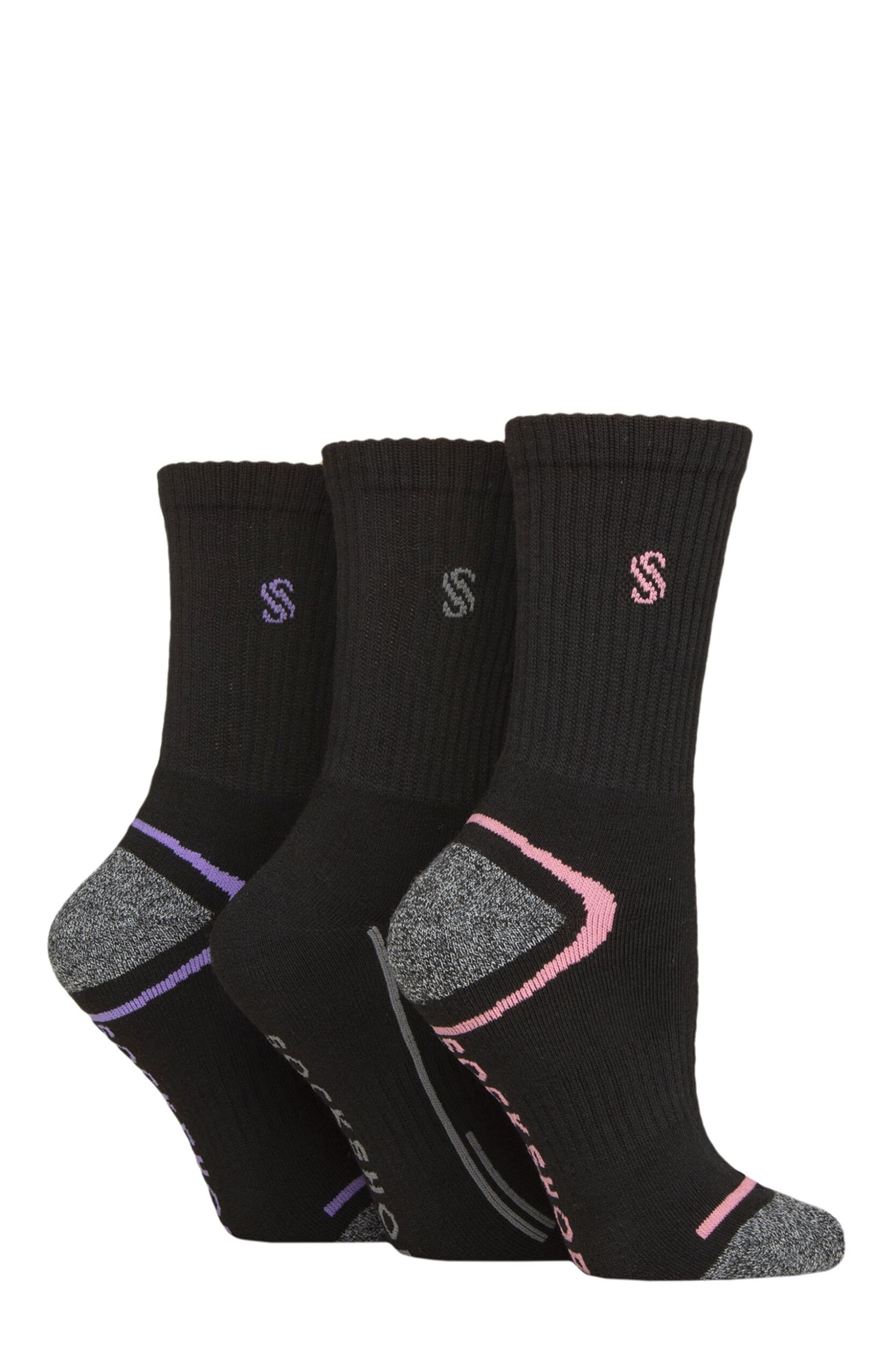 Women's 3 Pair SOCKSHOP Performance Sport Cushioned Crew Socks Black 4-8