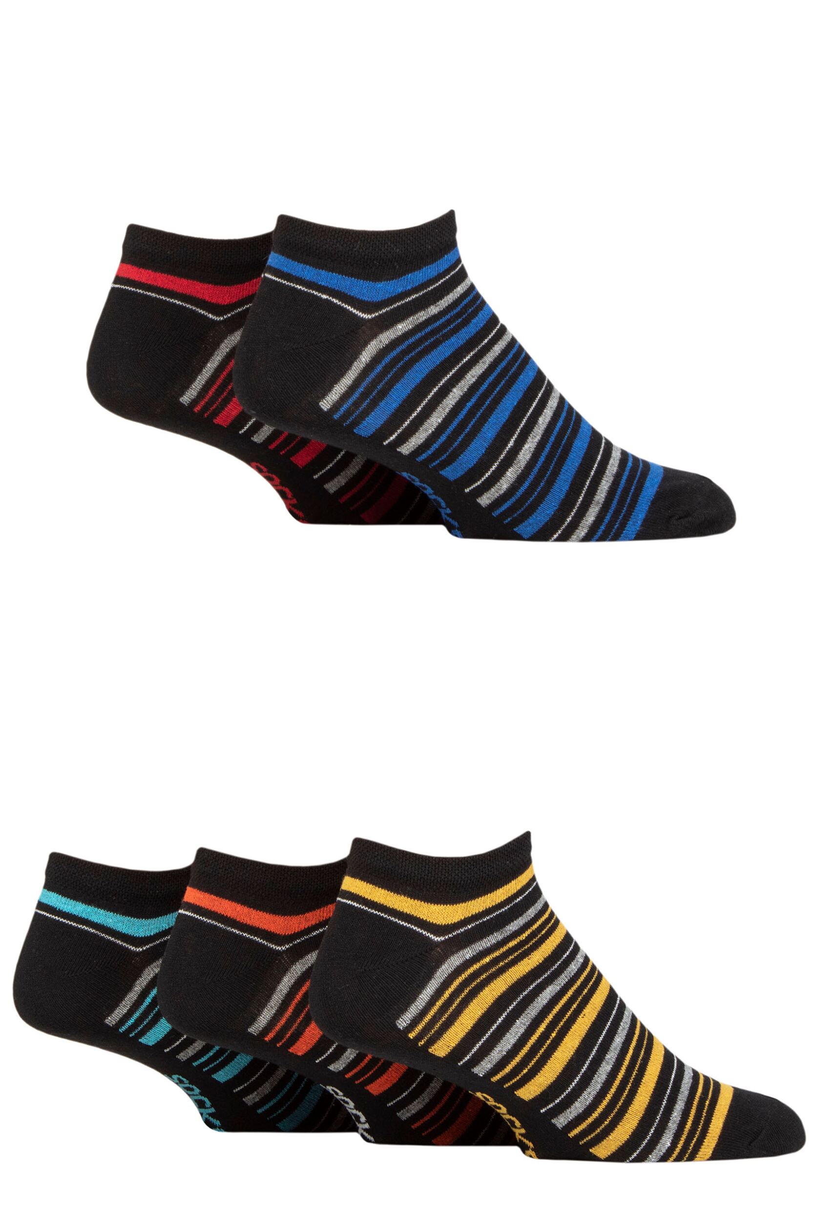 Mens 5 Pair SOCKSHOP Plain Regenerated Eco-Cotton Striped Trainer Socks Black Stripe 7-11