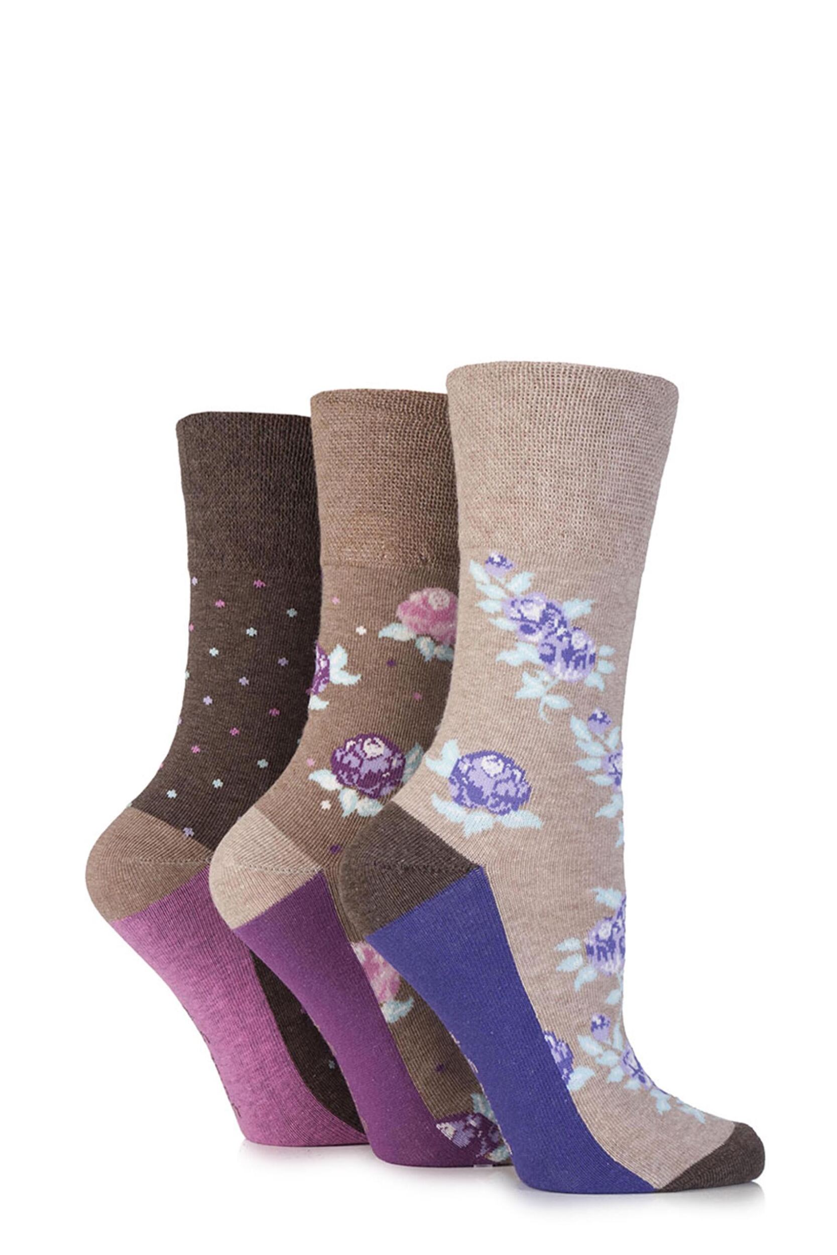 Ladies 3 Pair Gentle Grip Flora Flower Cotton Socks