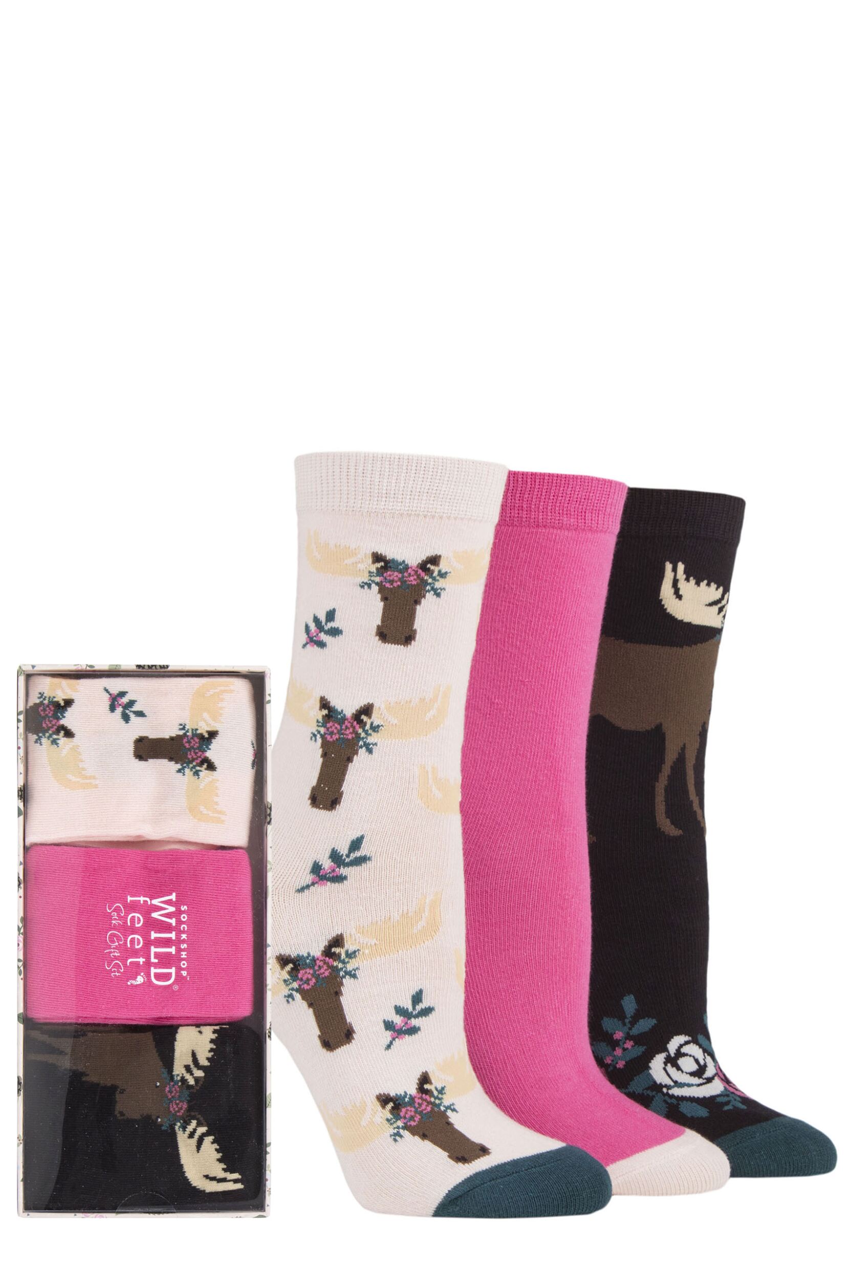 Women's 3 Pair SOCKSHOP Wildfeet Gift Box Moose 4-8 Ladies