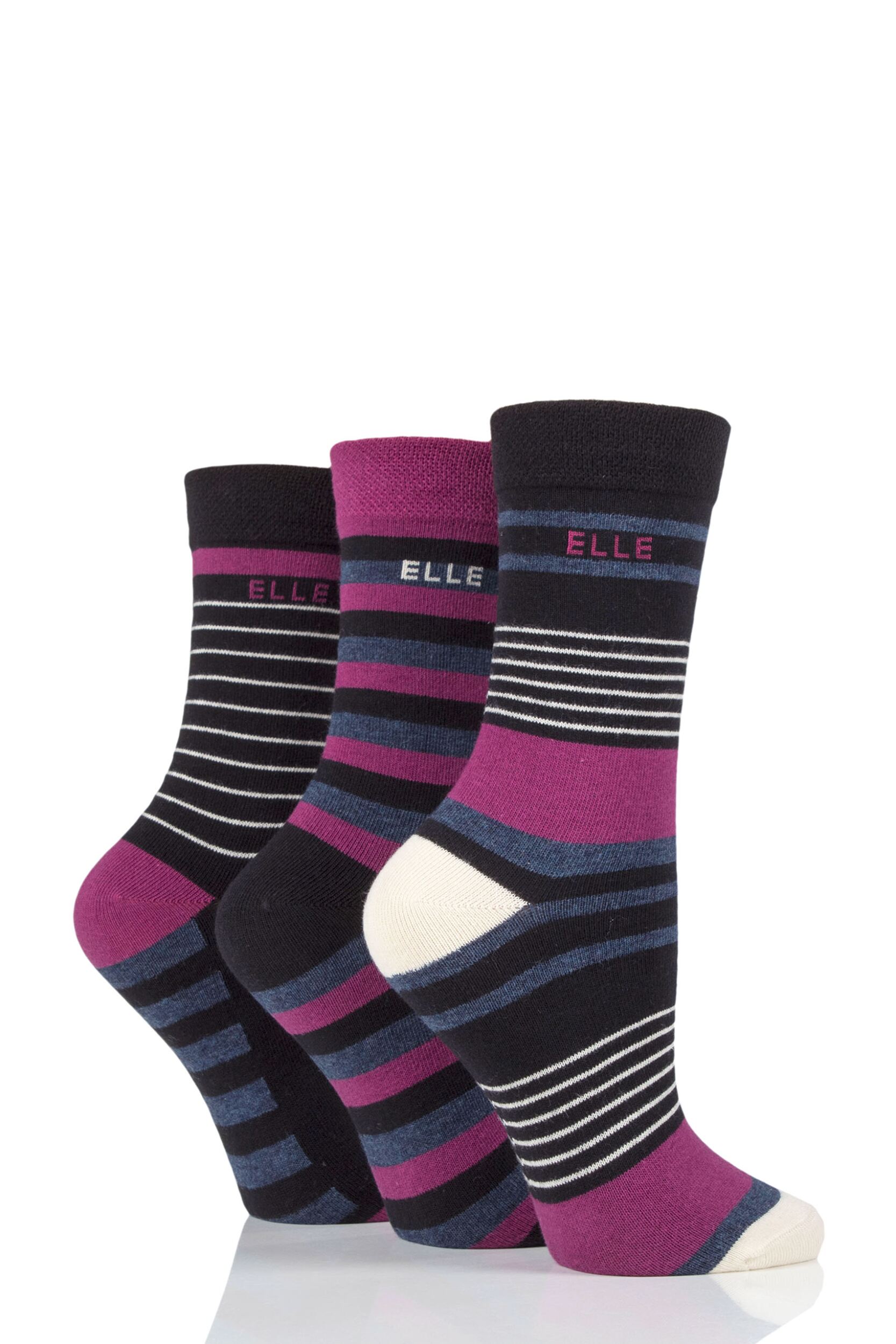 Women's 3 Pair Elle Plain, Striped and Patterned Cotton Socks with Smooth Toes Black/Blackbird Stripe 4-8 Ladies