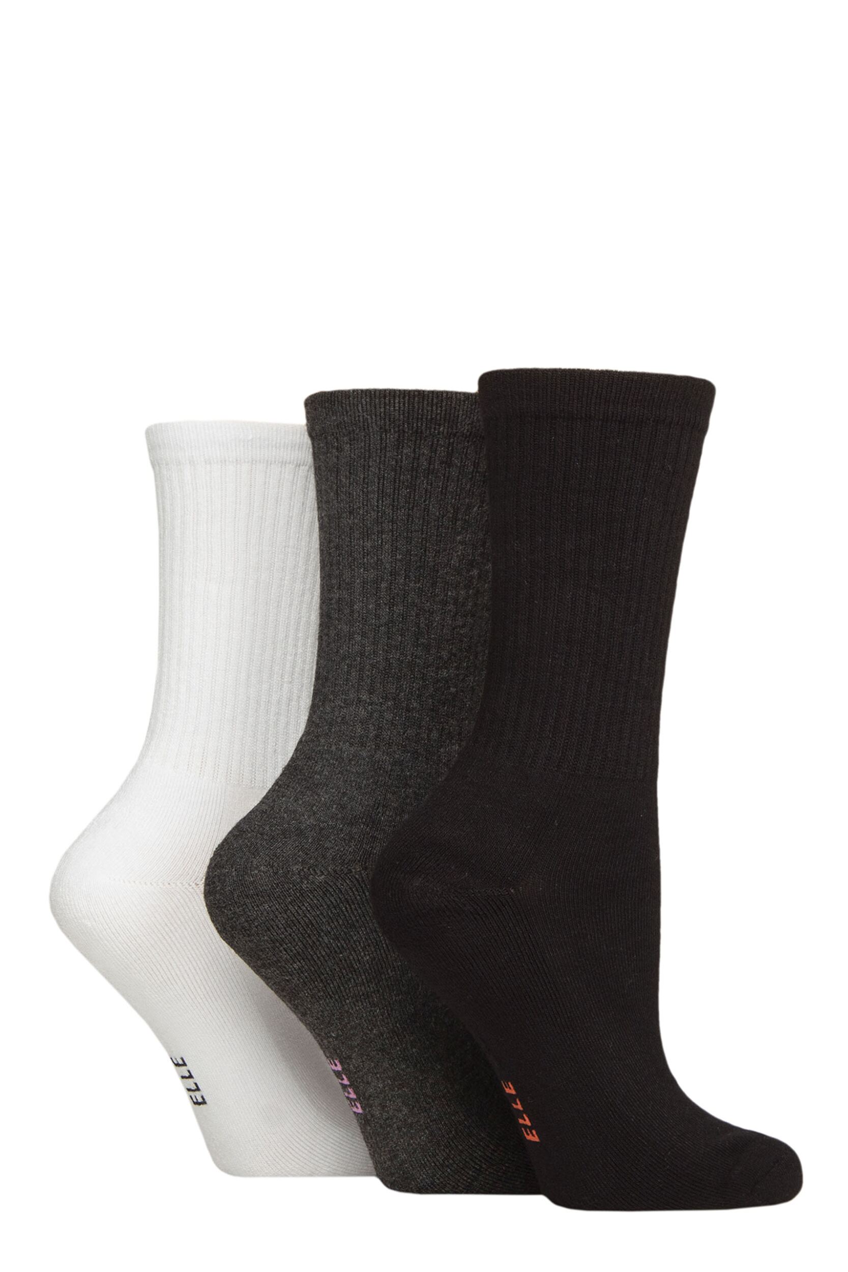 Women's 3 Pair Elle Half Cushion Bamboo Sports Socks Black / Grey / White 4-8