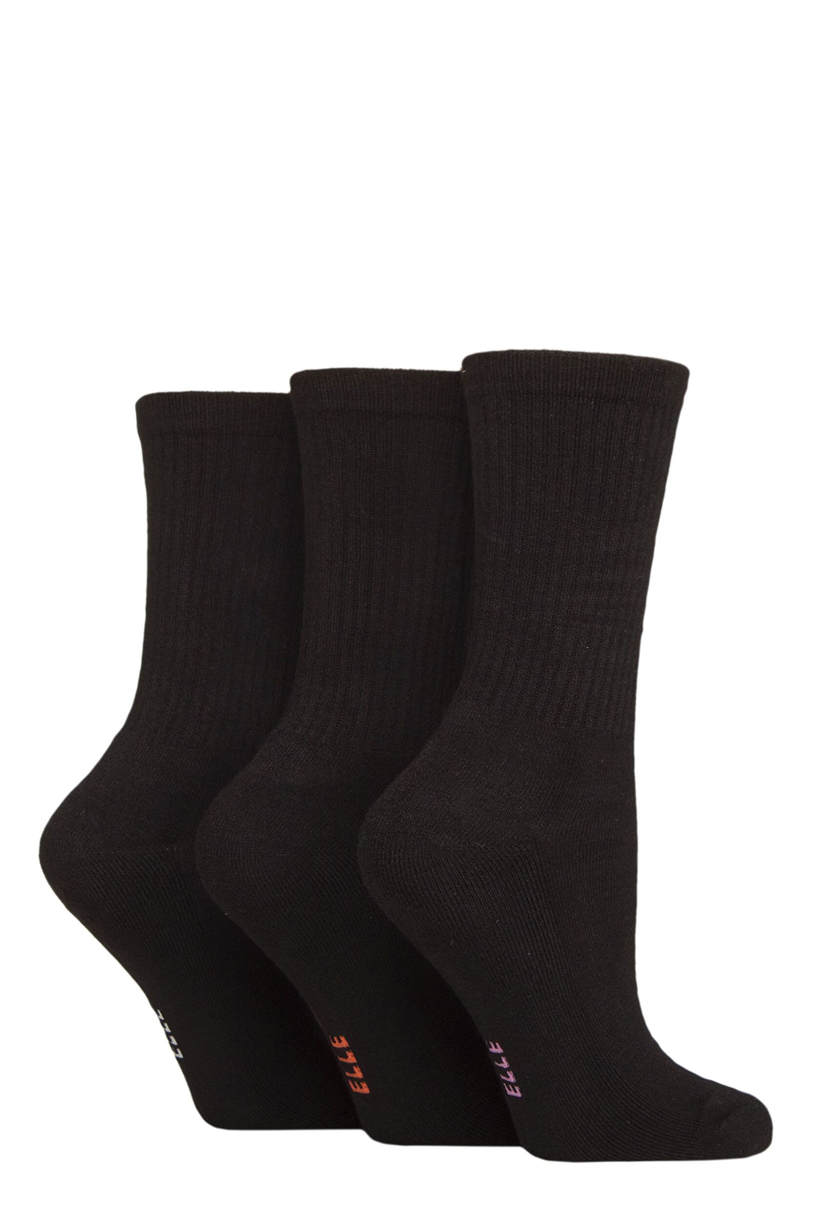 Women's 3 Pair Elle Half Cushion Bamboo Sports Socks Plain Black 4-8