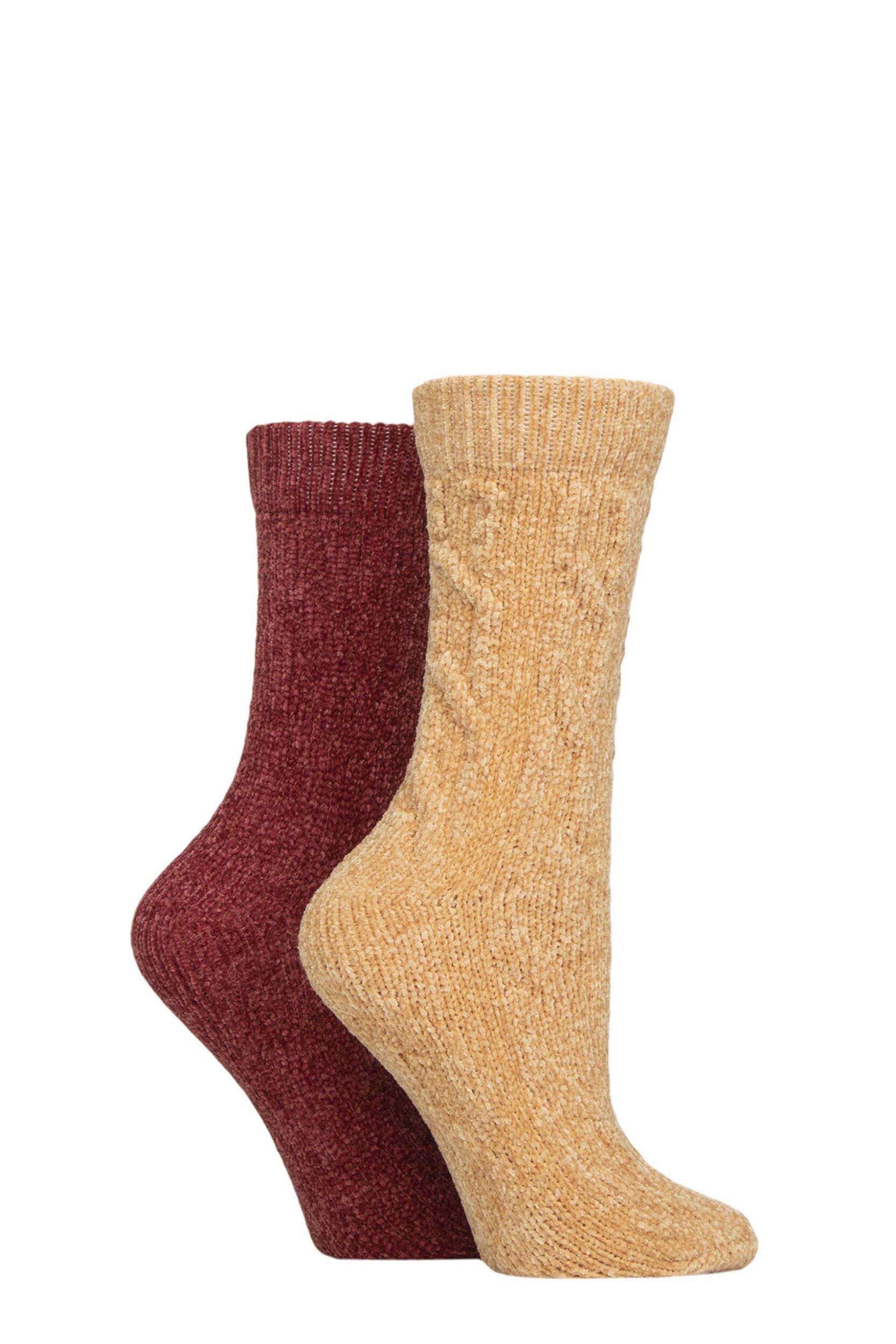 Women's 2 Pair Elle Cable Knit Chenille Boot Socks Cinnamon 4-8