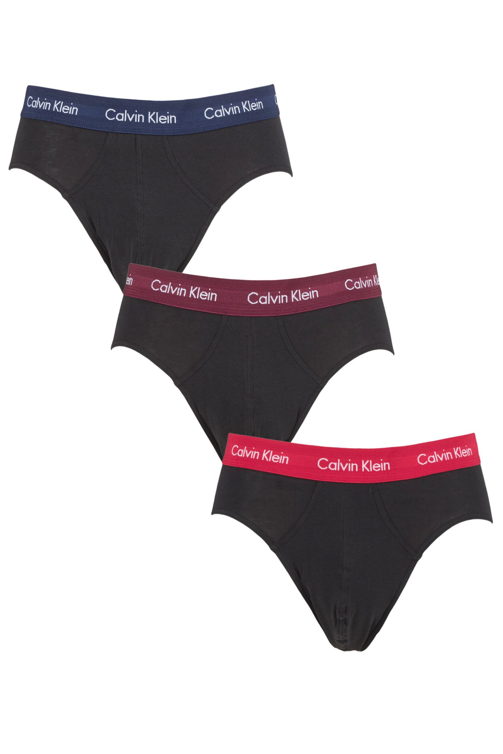 Mens 3 Pack Calvin Klein Cotton Stretch Hip Briefs Navy / Lush Burgundy / Red Gala Extra Small