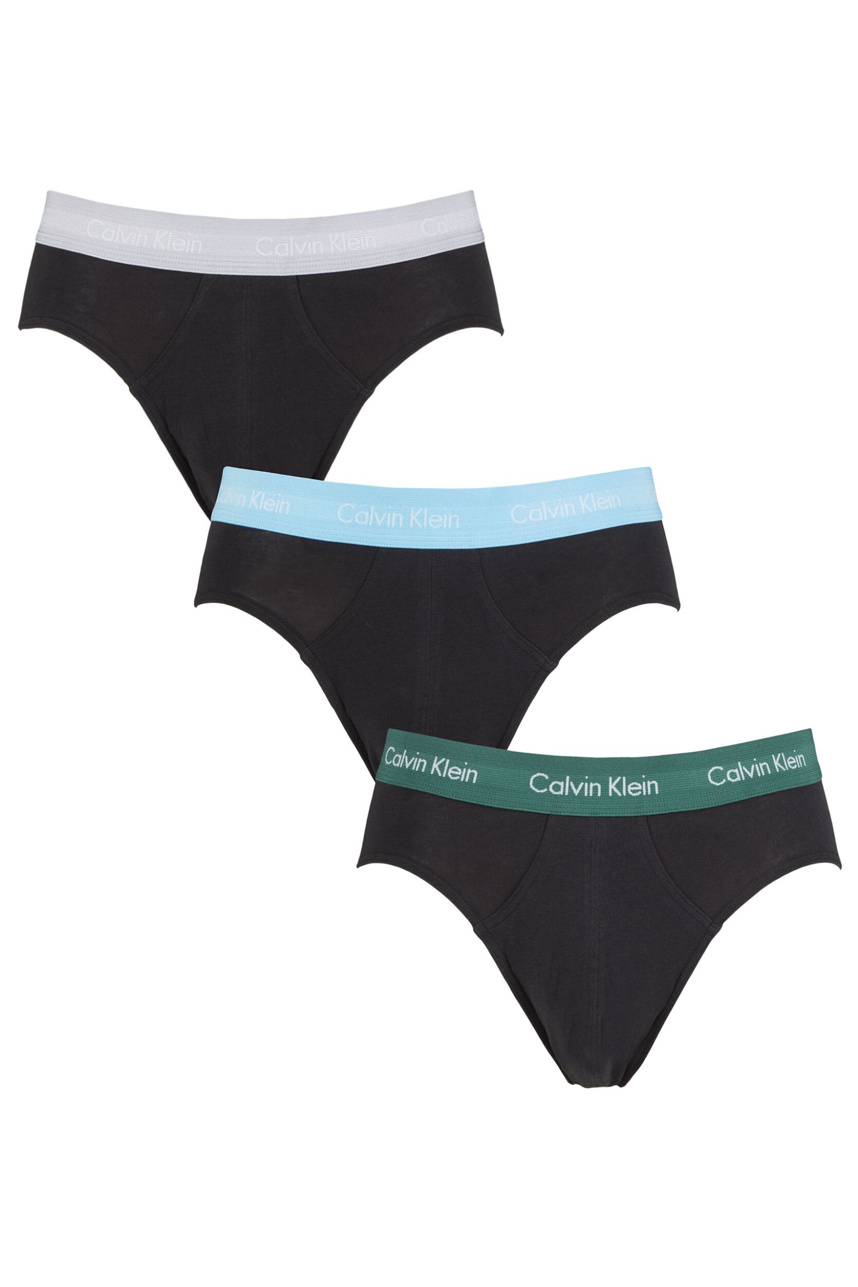 Mens 3 Pack Calvin Klein Cotton Stretch Hip Briefs Jade Sea / Sky High / Sleek Silver Extra Small