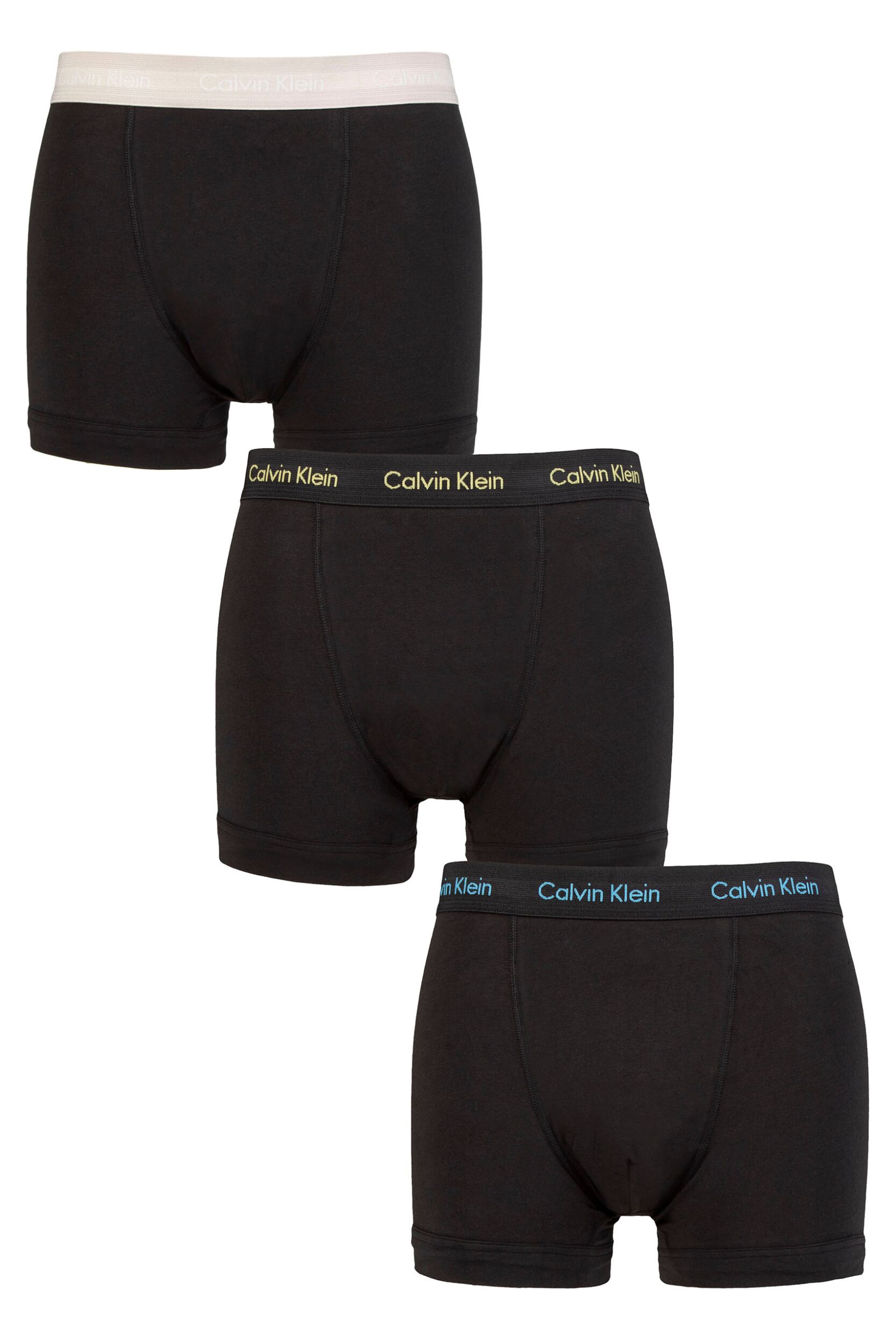 Mens 3 Pack Calvin Klein Cotton Stretch Trunks Black / Ocean Storm L