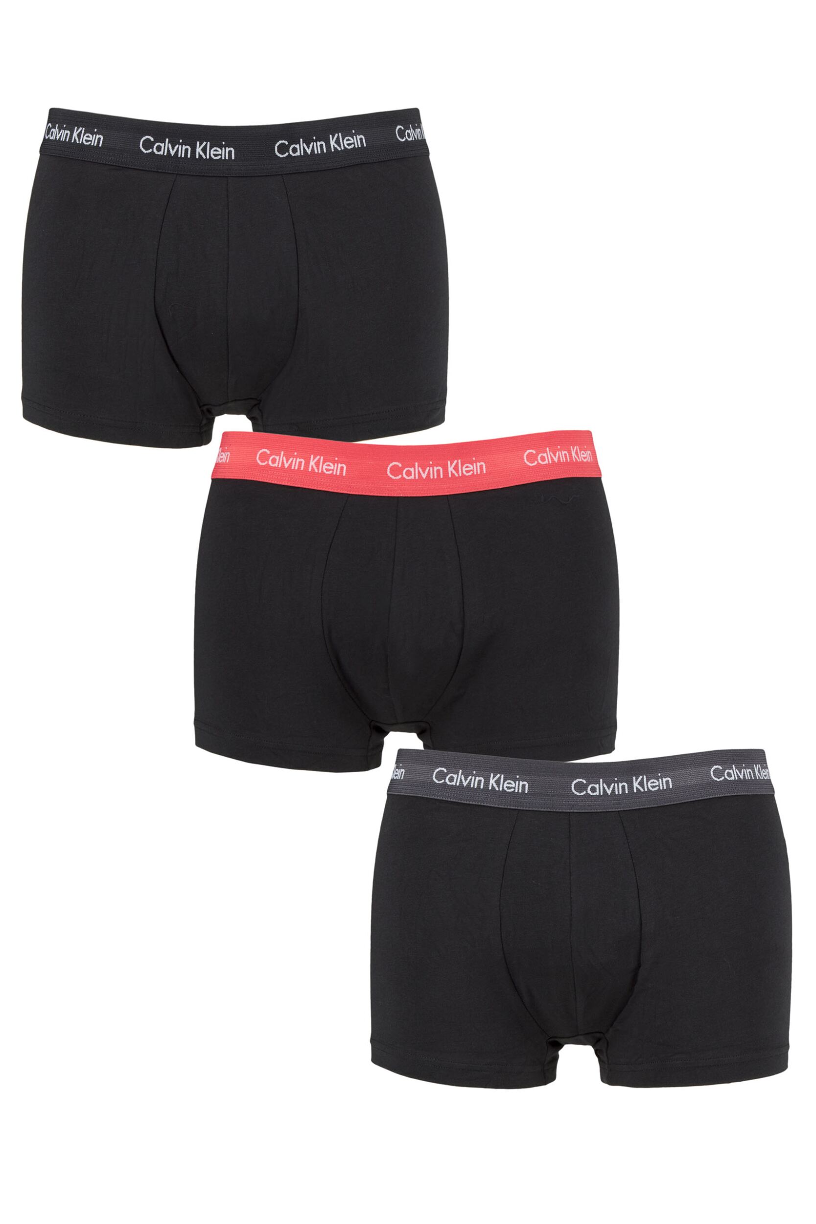 Mens 3 Pair Calvin Klein Low Rise Trunks Black / Coral / Phantom Extra Small